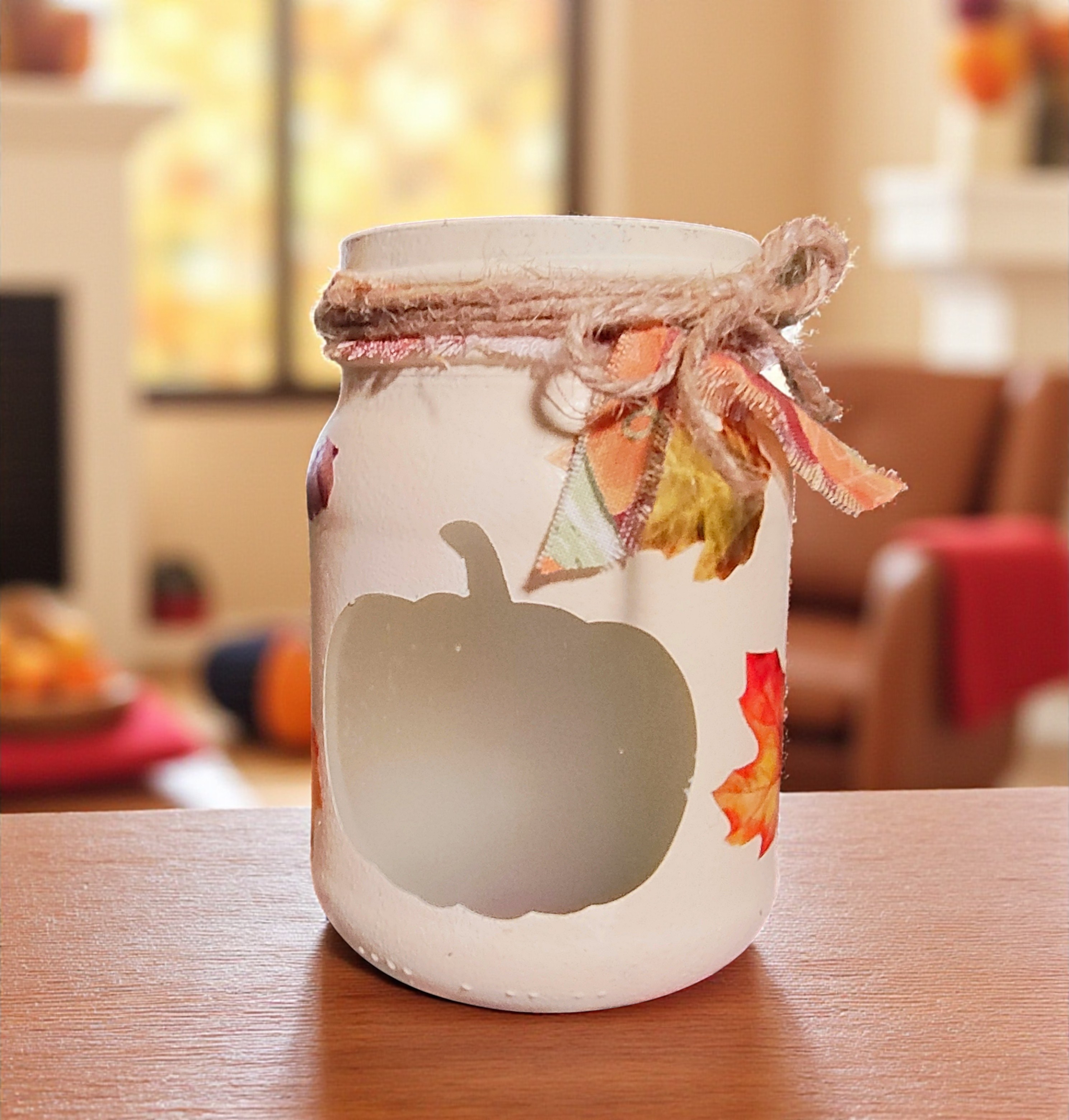 Pumpkin & Autumn Leaves Glass Jar Tealight Candle Holder