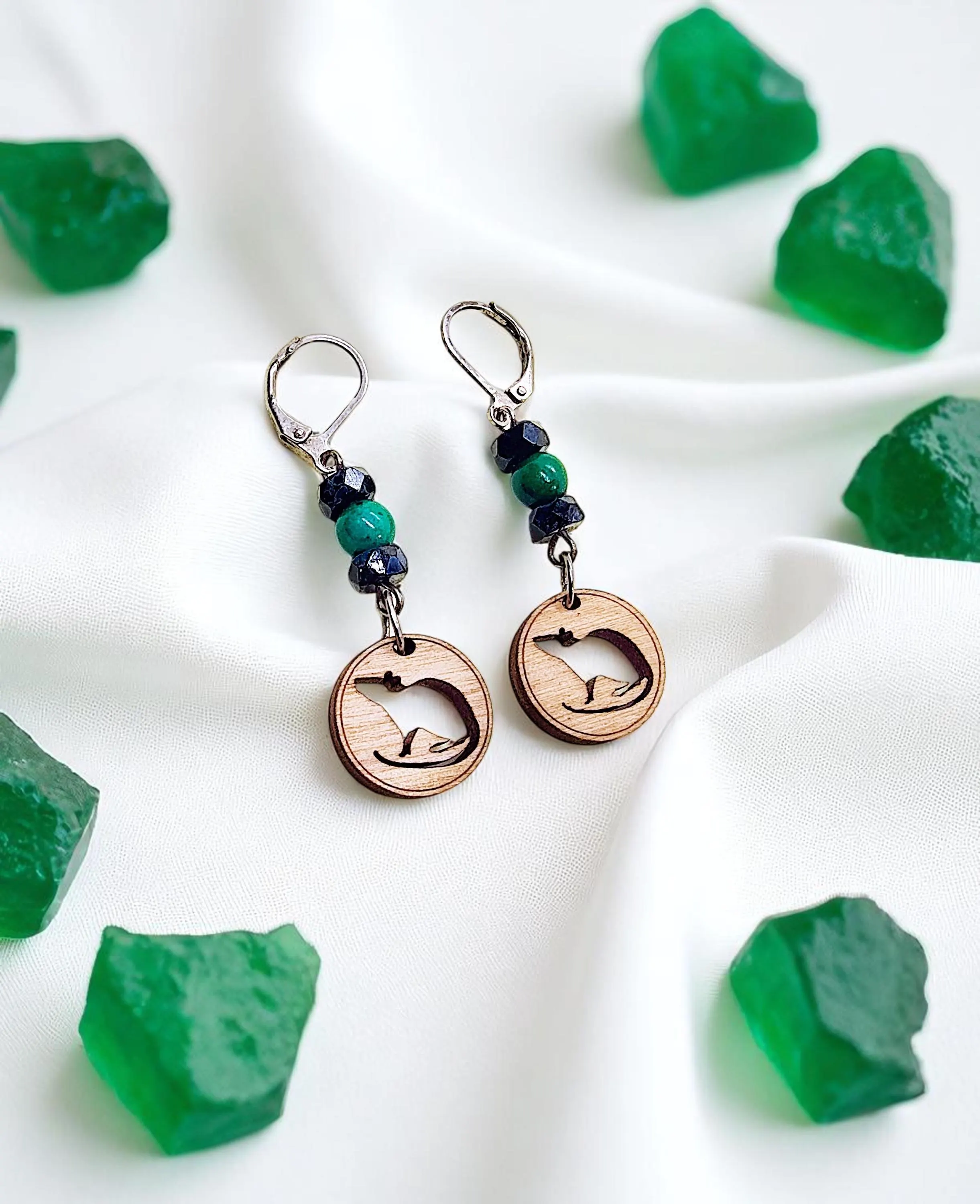 Handcrafted Cute Rat Wooden Rat Charm & Gemstone Dangle Earrings
