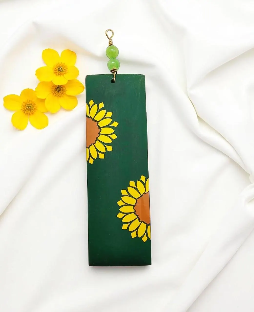 Large Hand Painted Wooden Sunflower Pendant Green Background with Gemstone Bead Accent