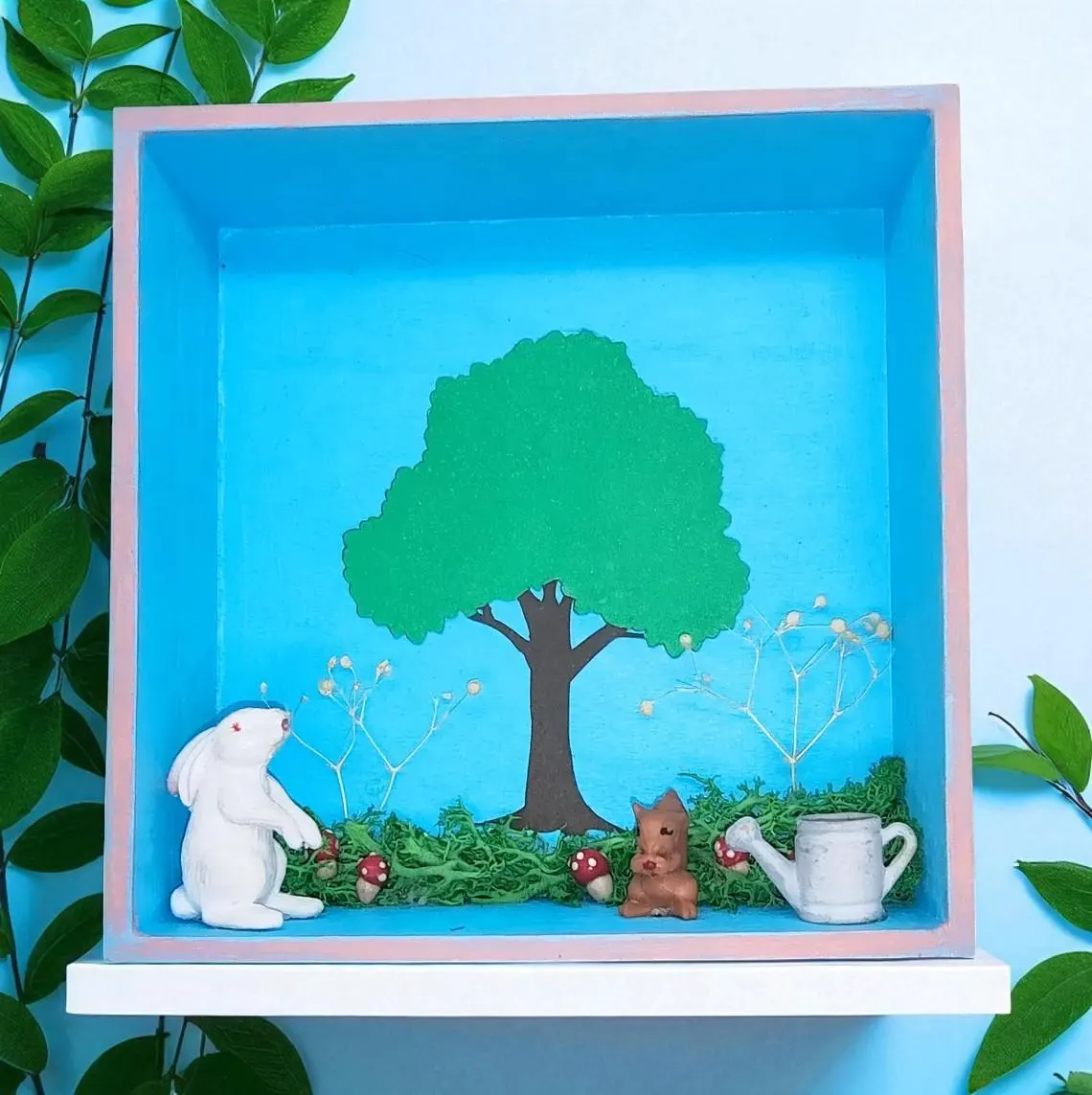 Spring Scene Shadow Box Shelf Sitter with Miniature Garden Scene 