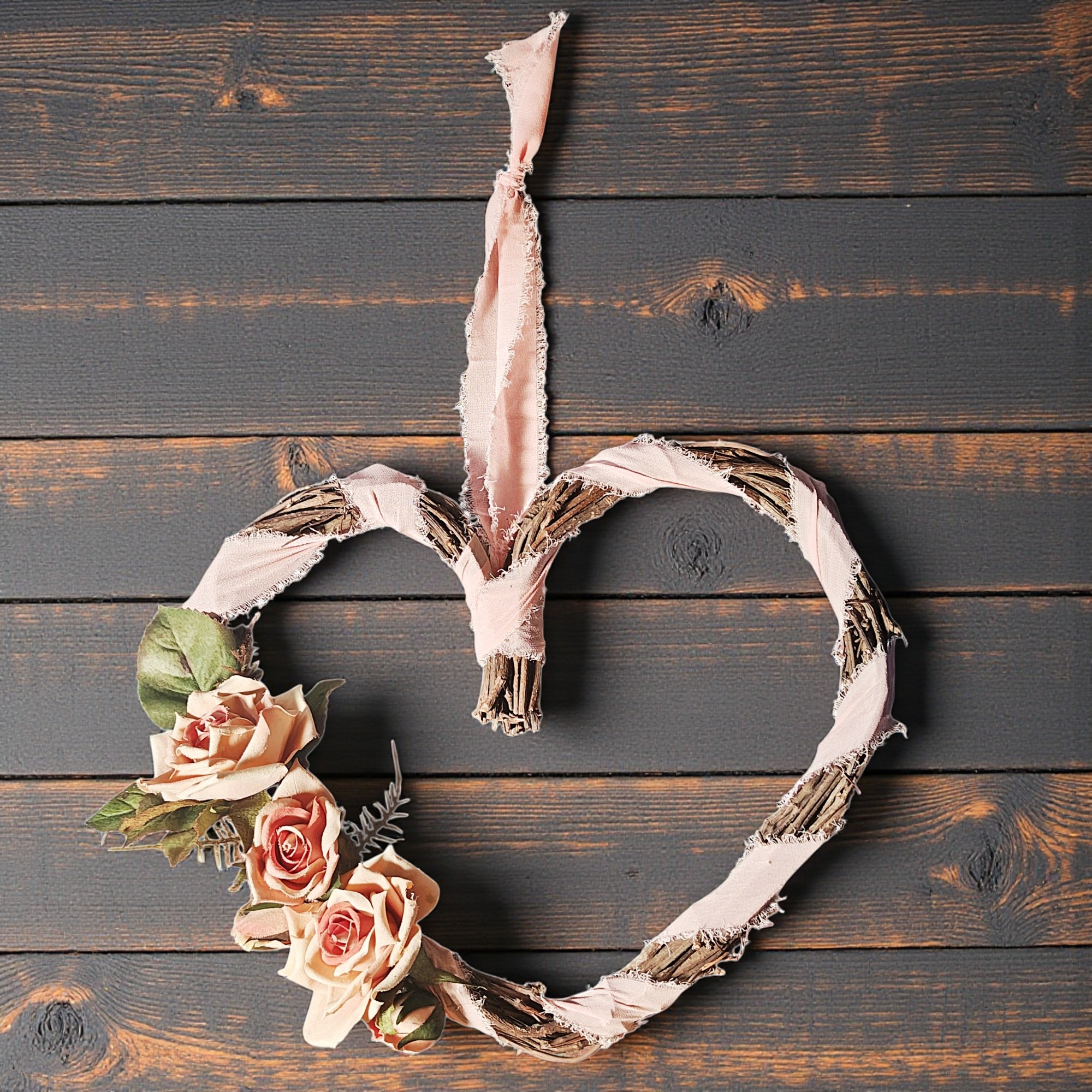 Shabby Chic Pink Rose Heart Shaped Front Door Wreath