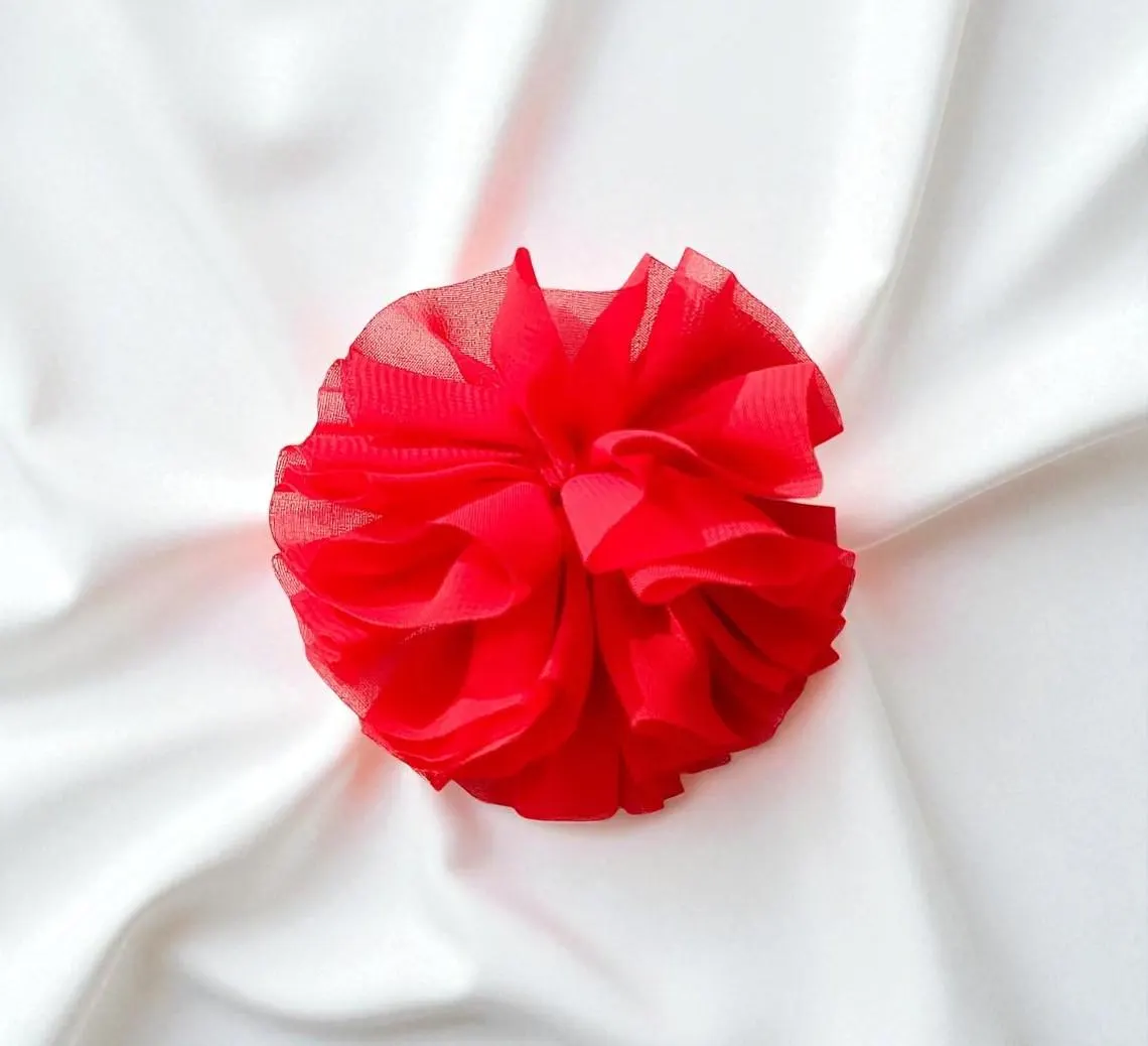 Red Sheer Fabric Floral Brooch Pin 