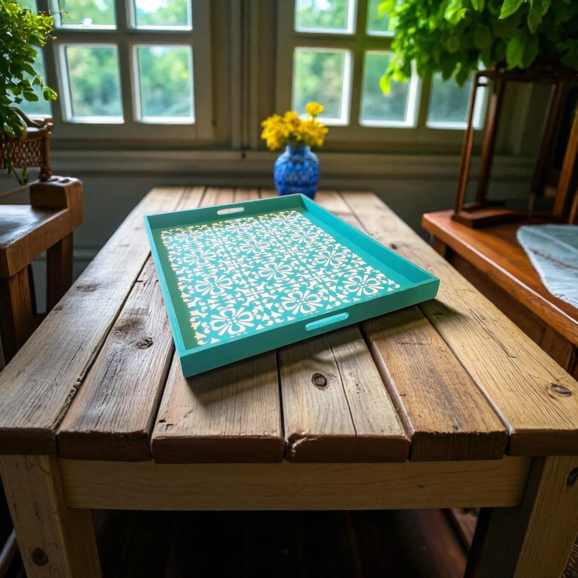 Hand Painted Teal Wooden Ottoman Tray