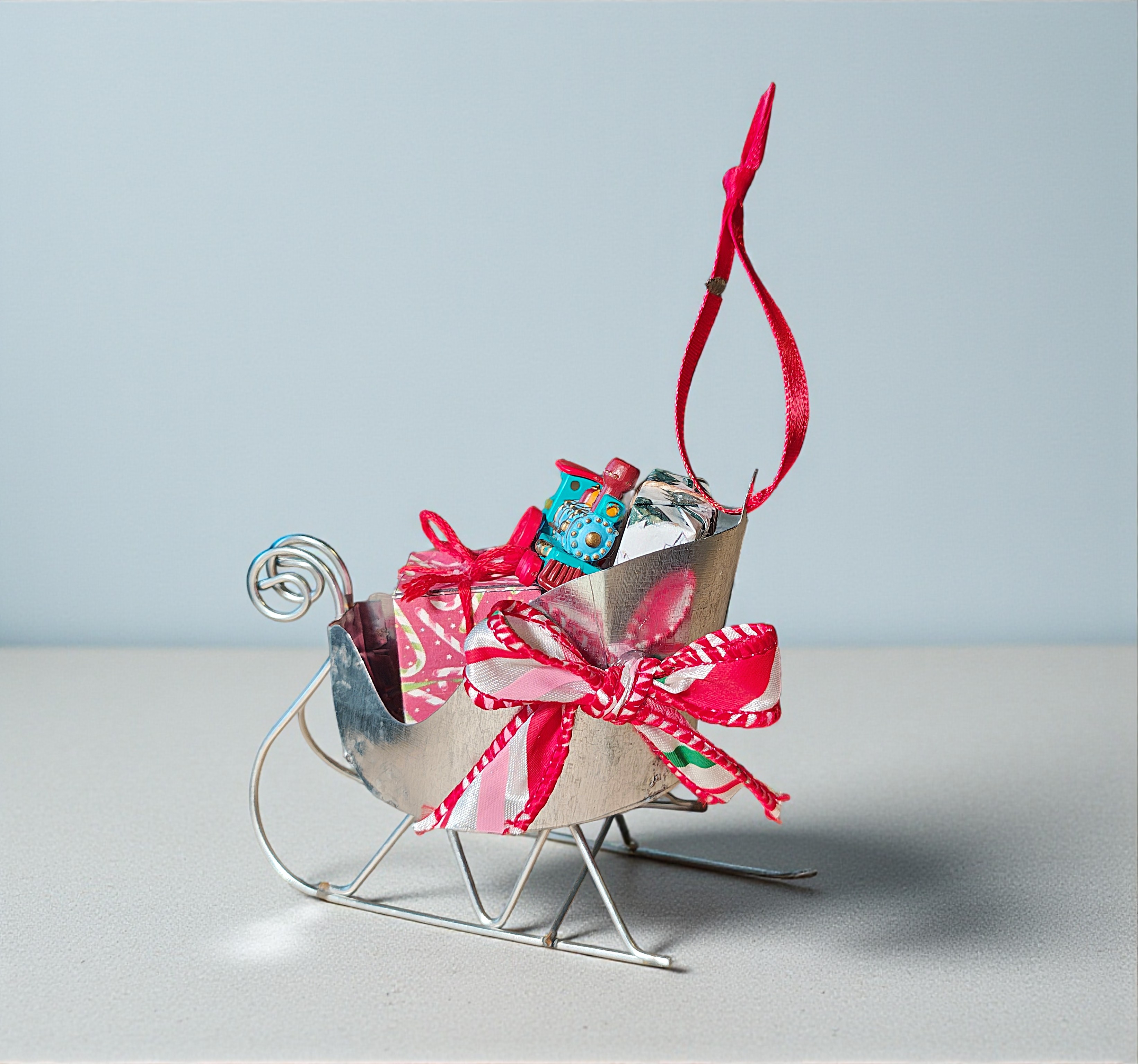 Mini Santa Sleigh Ornament with Gifts & Train