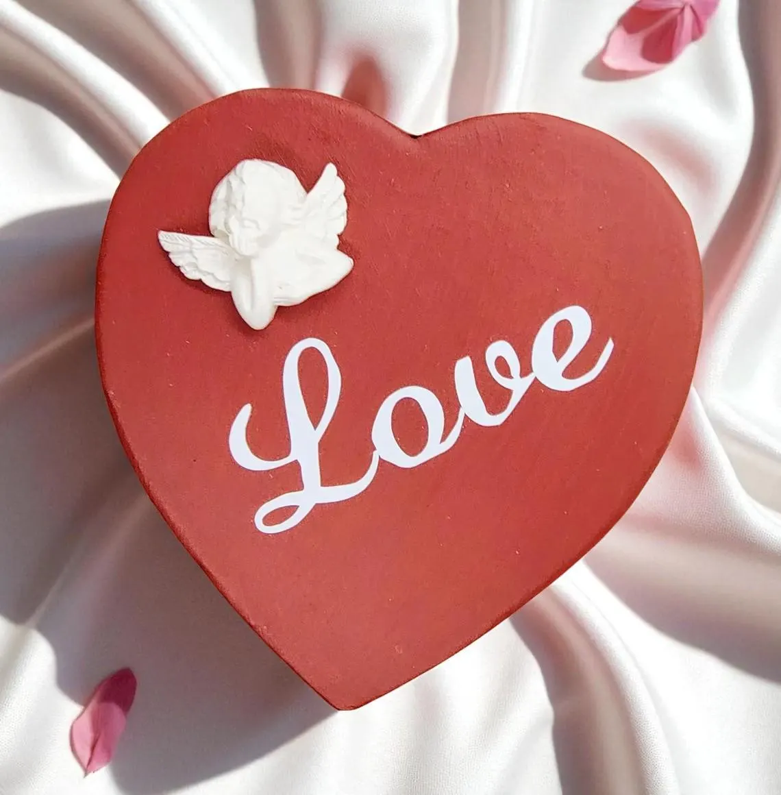 Hand Painted Heart Shaped Love Box with Cupid 