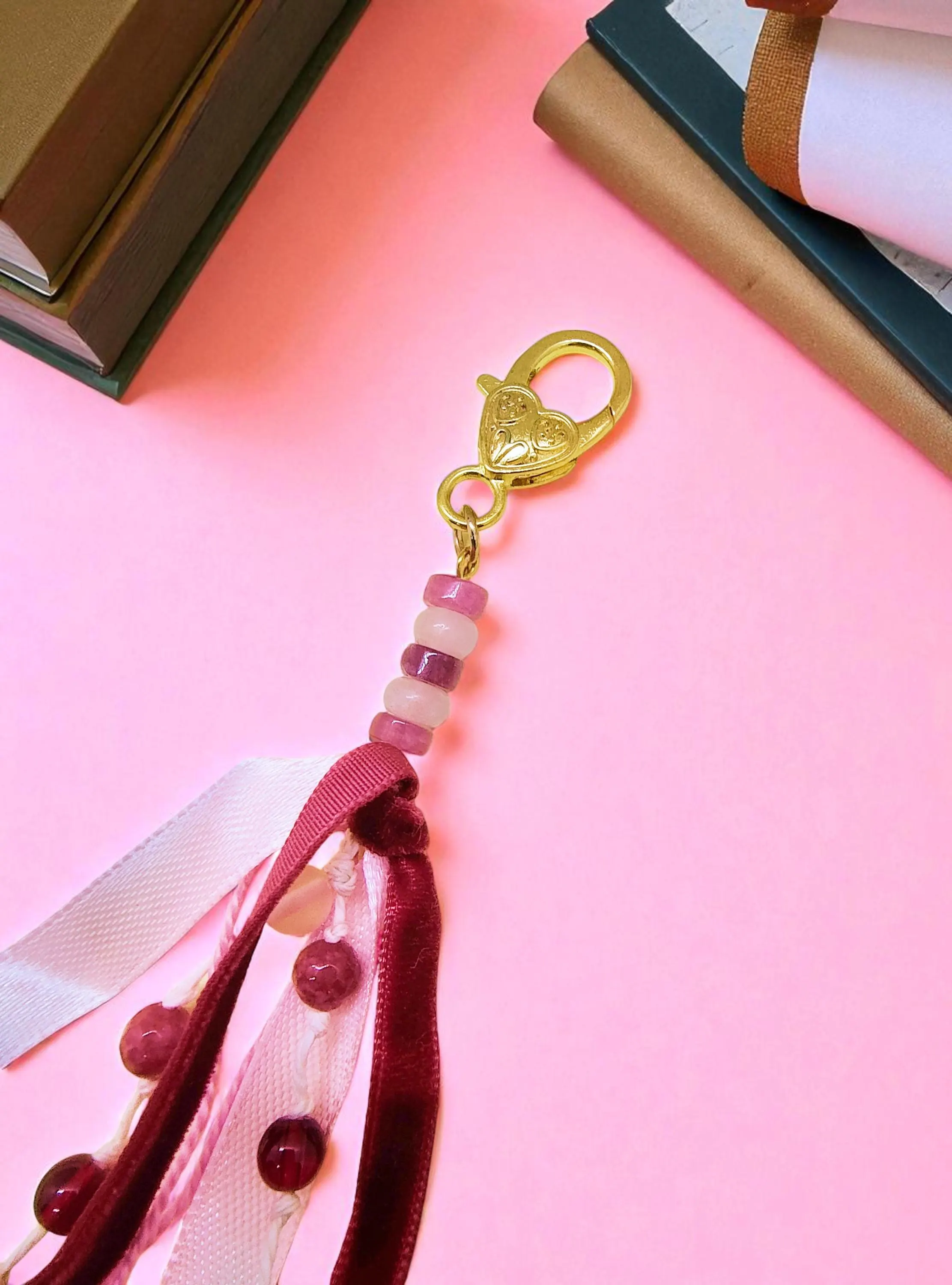 Handmade Pink & Red Gemstone Junk Journal Tassel 
