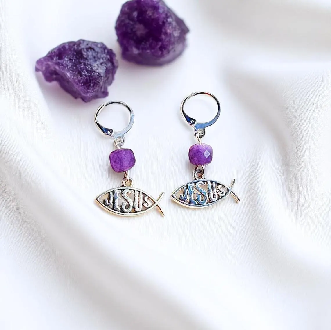 Religious Christian Jesus Fish Sign Amethyst Gemstone Dangle Earrings with Lever backs 