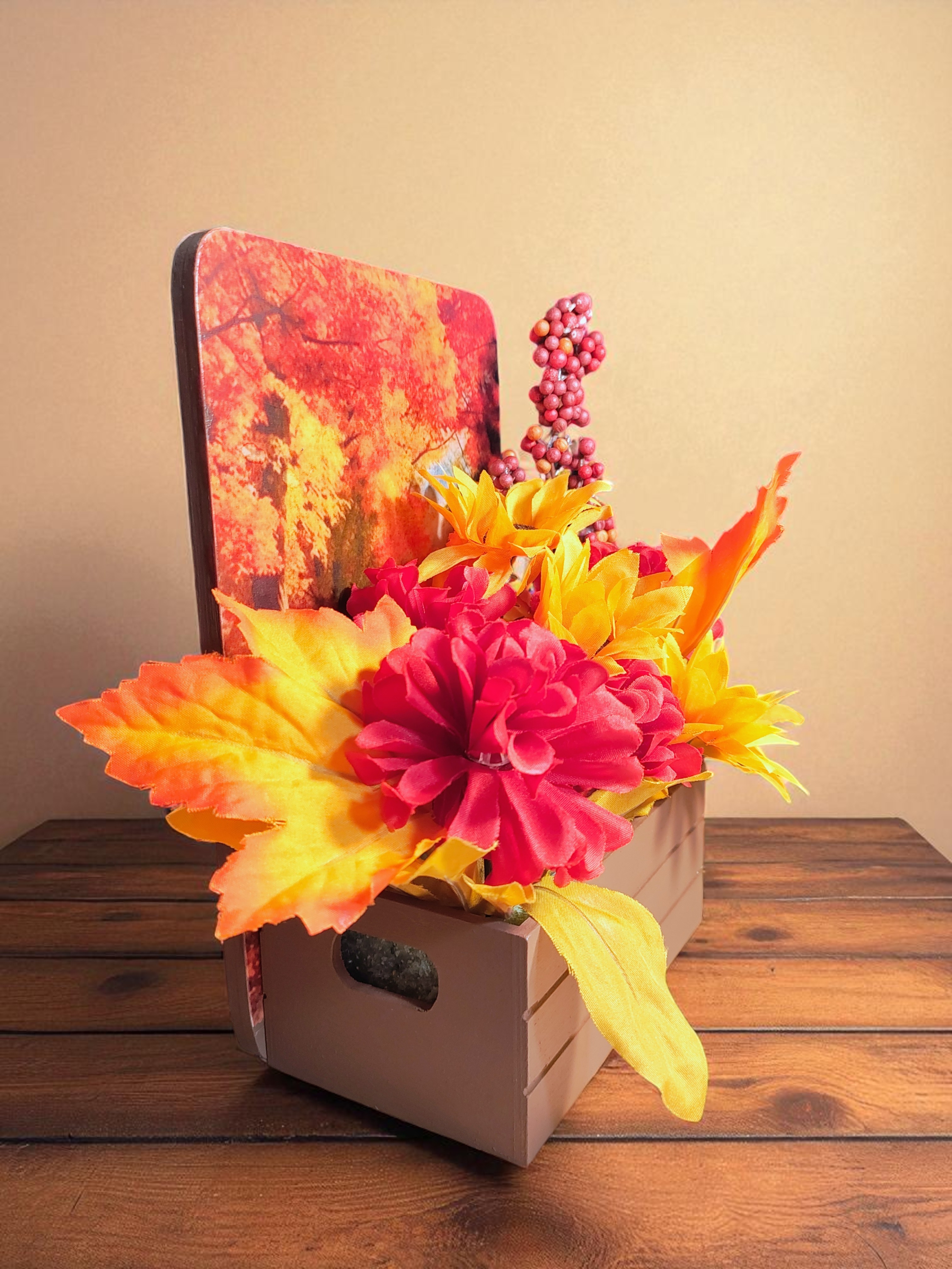 Autumn Harvest Flower Arrangement in Wooden Decoupaged Planter 