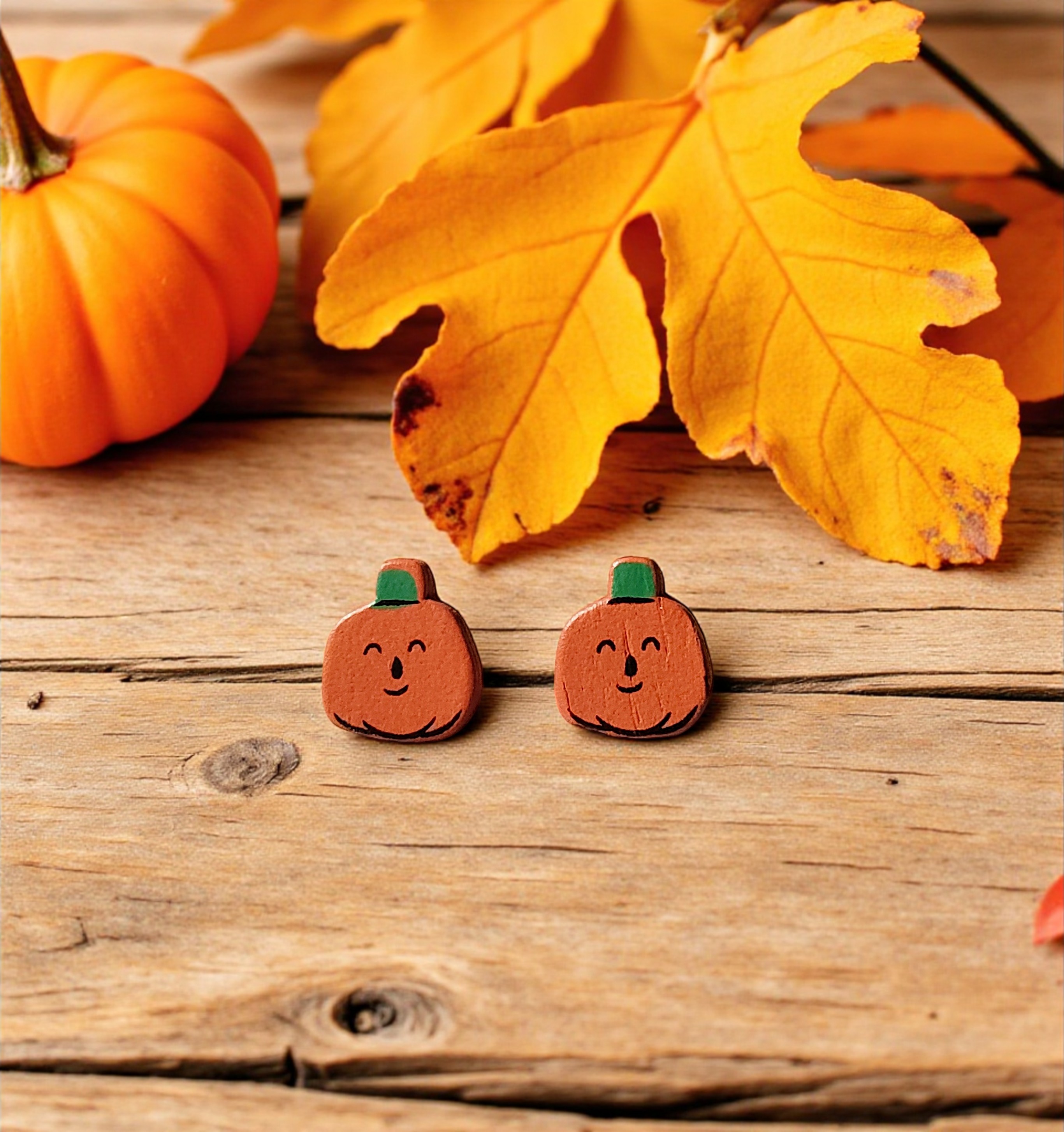 Cute Wood Orange Pumpkin Post Earrings