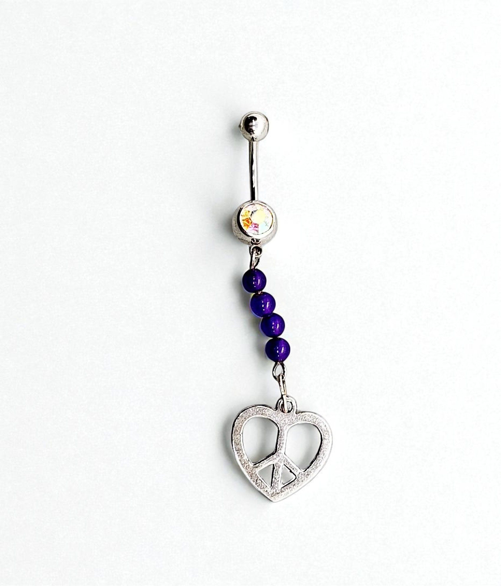 Heart Shaped Peace Sign & Purple Gemstone Belly Ring Body Jewelry - 14 G