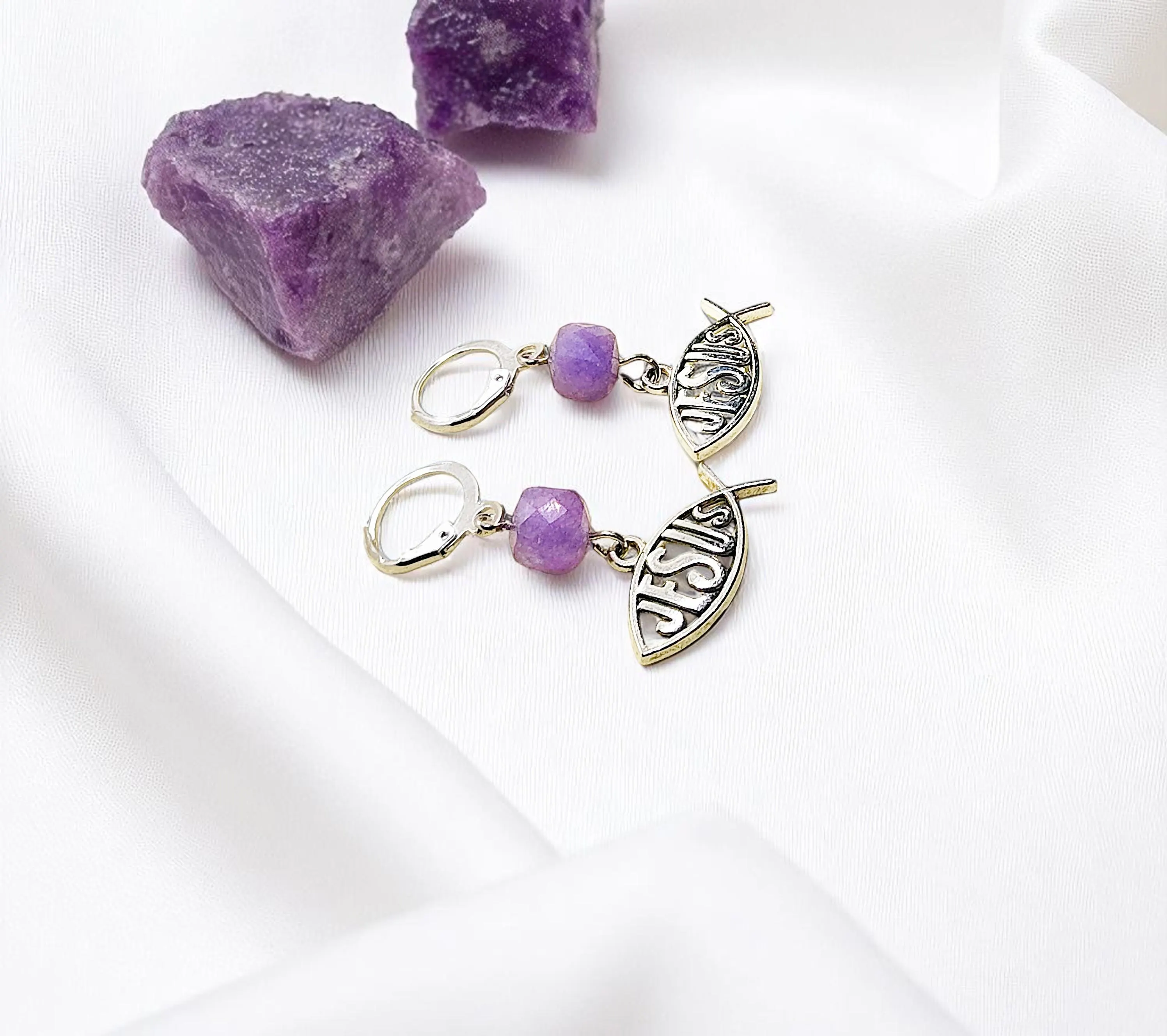 Religious Christian Jesus Fish Sign Amethyst Gemstone Dangle Earrings with Lever backs 