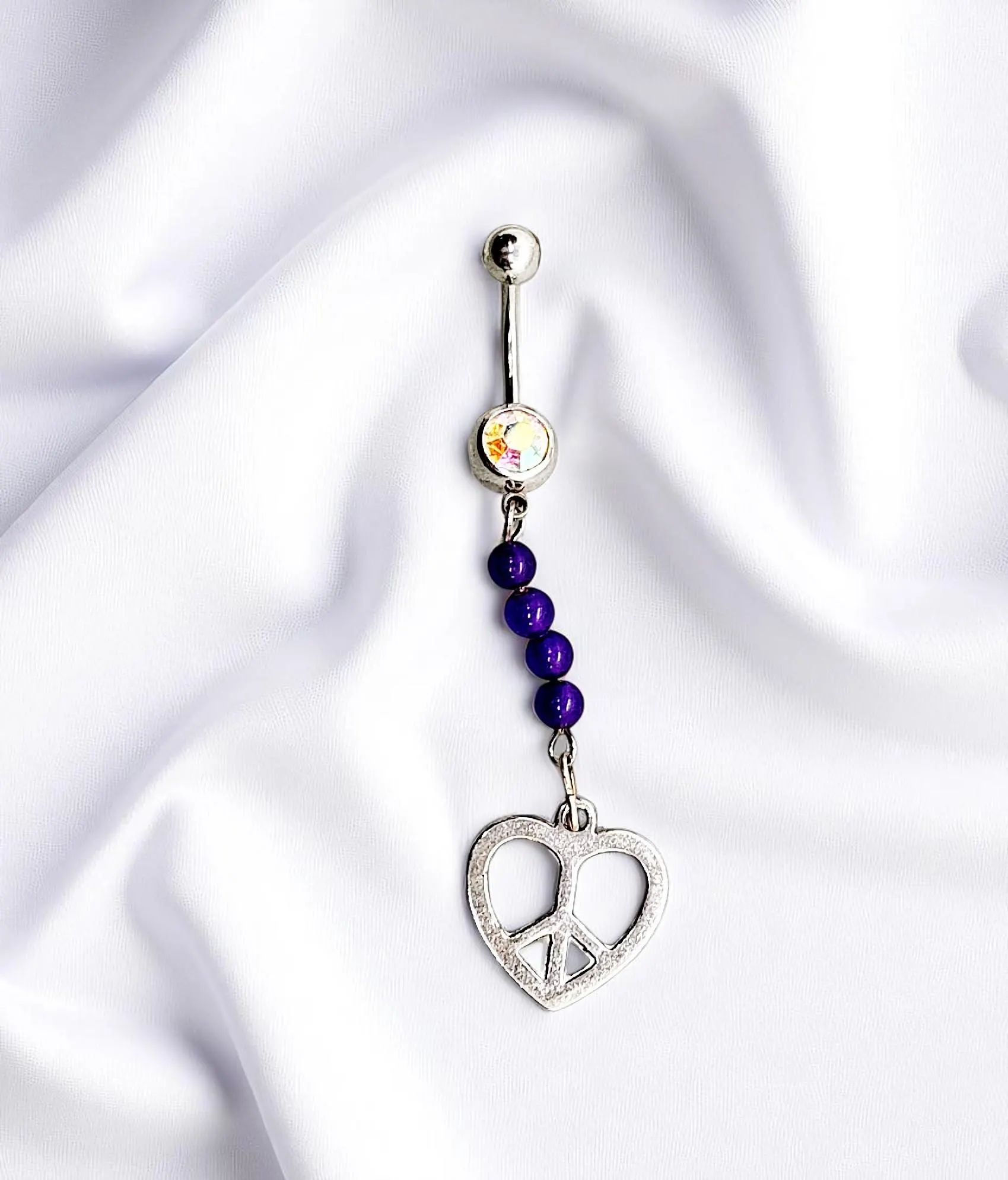 Heart Shaped Peace Sign & Purple Gemstone Belly Ring Body Jewelry - 14 G