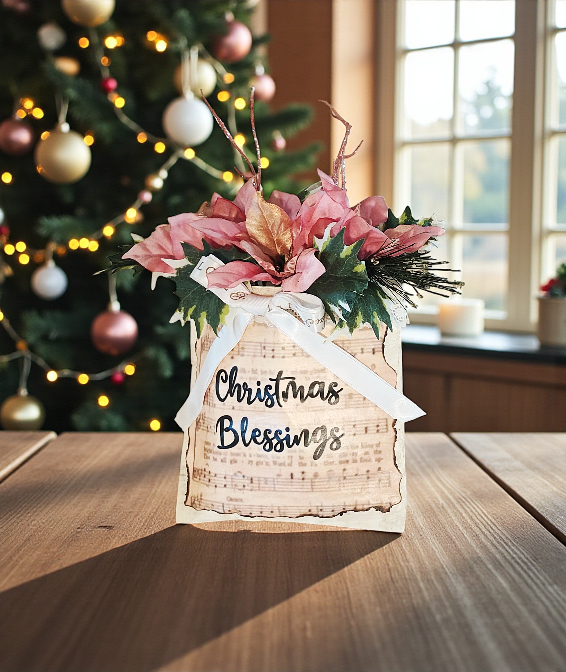 Rustic Christmas Blessings Gold & Pink Poinsettia Door Hanger