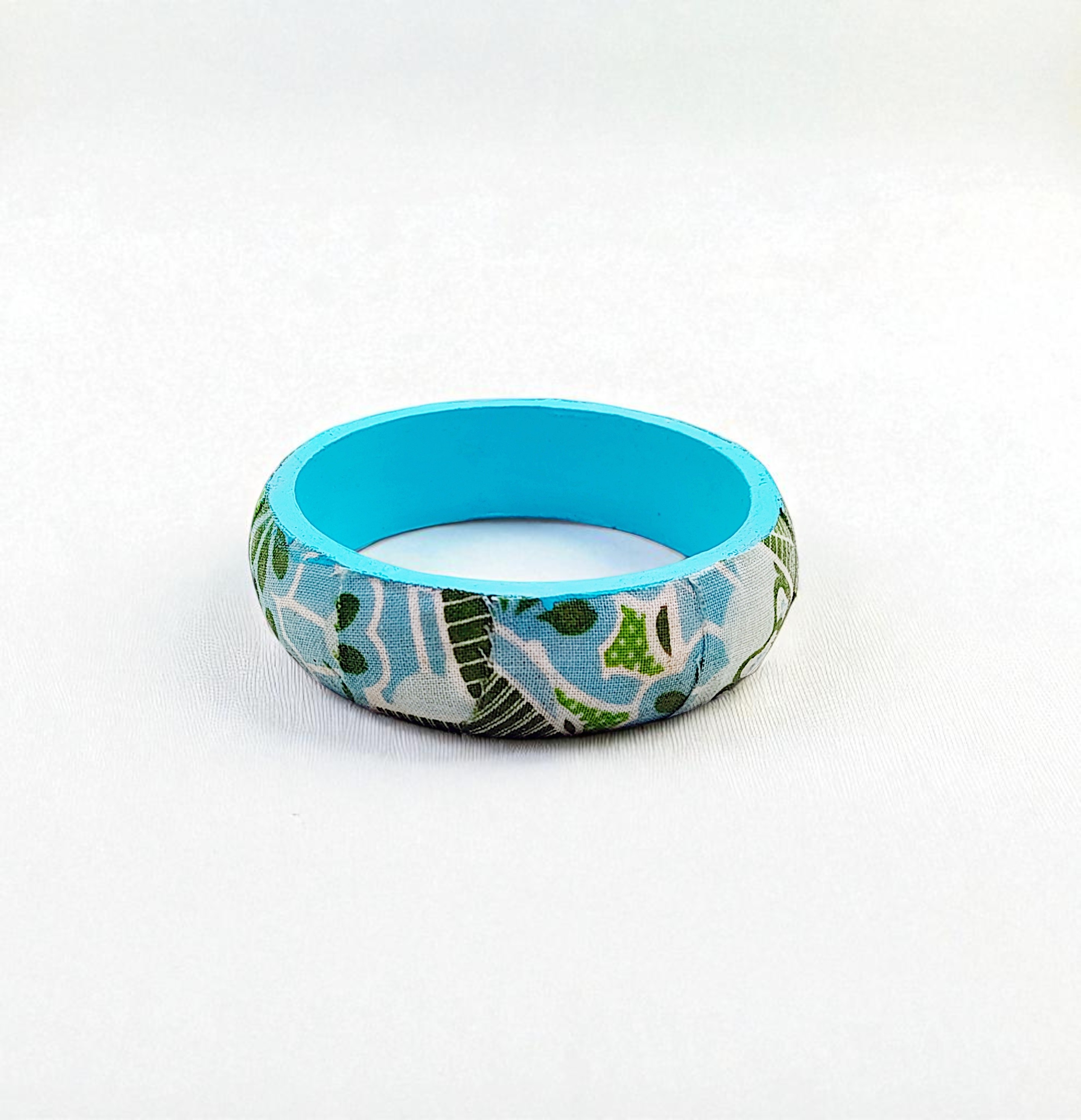 Retro Blue & Green Wood and Fabric-Covered Bangle Bracelet