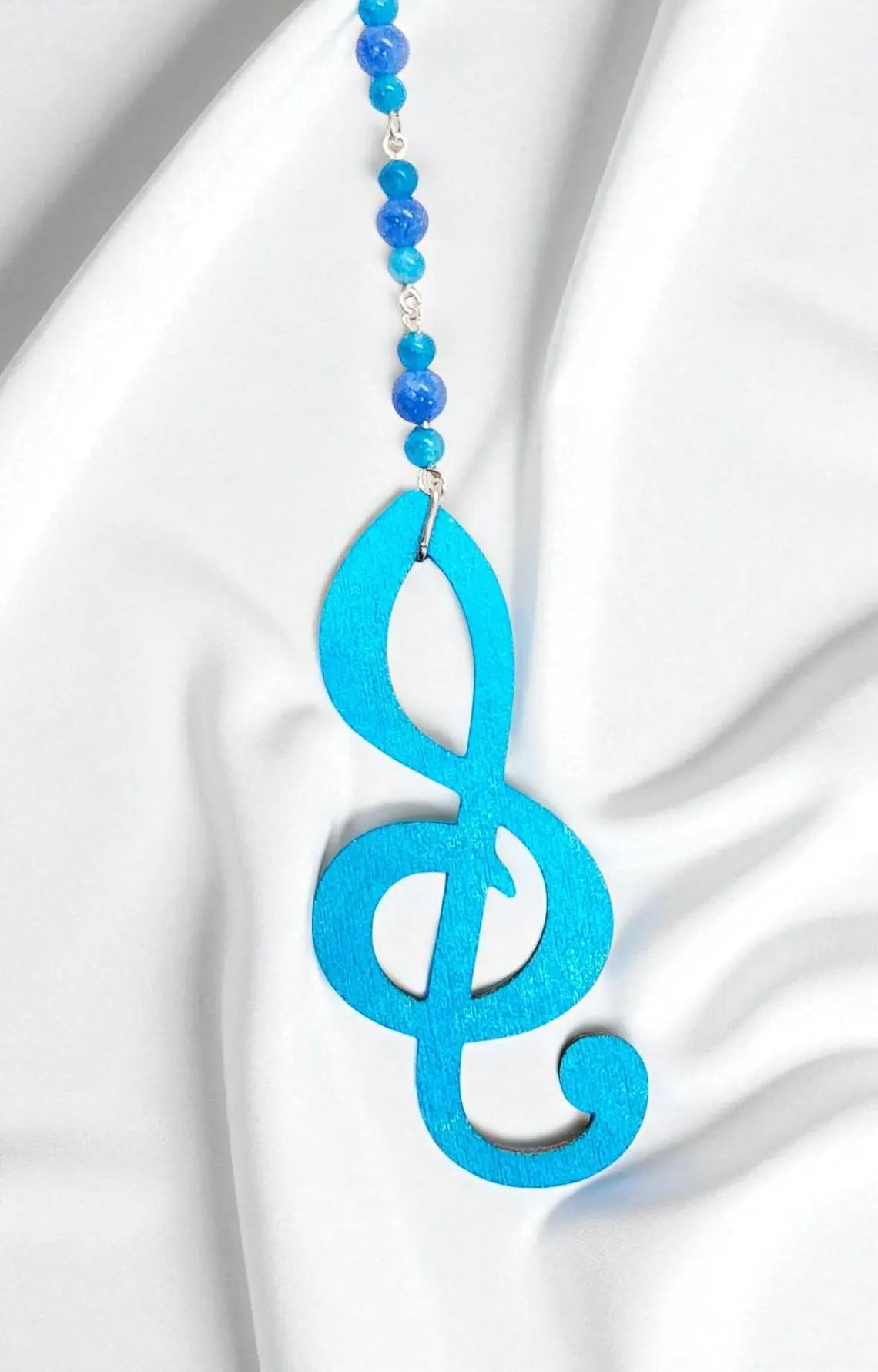 Wooden Music Treble Clef and Blue Kyanite Gemstone Rear View Mirror Car Charm