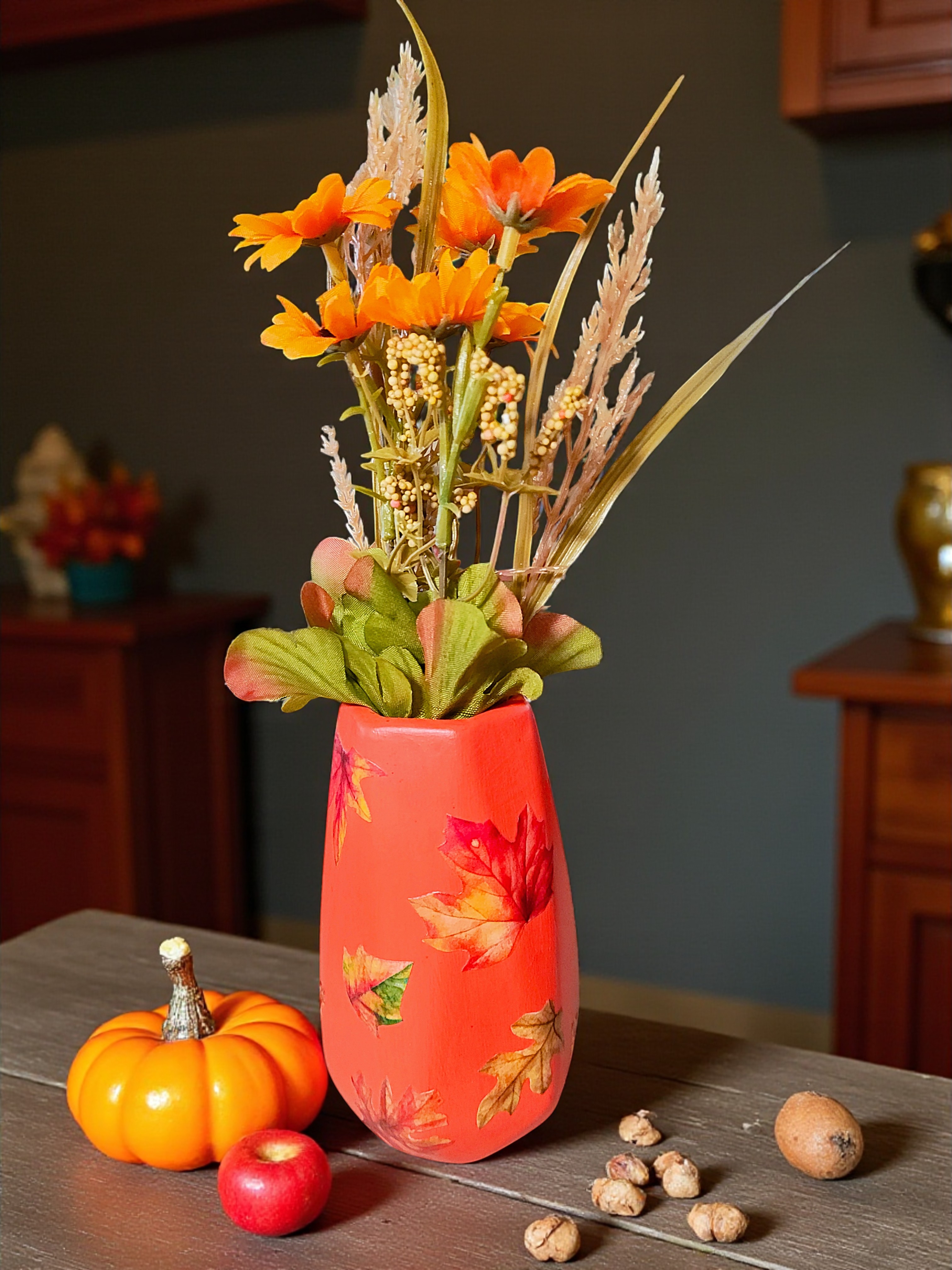 Small Cozy Orange Autumn Leaves Ceramic Flower Vase