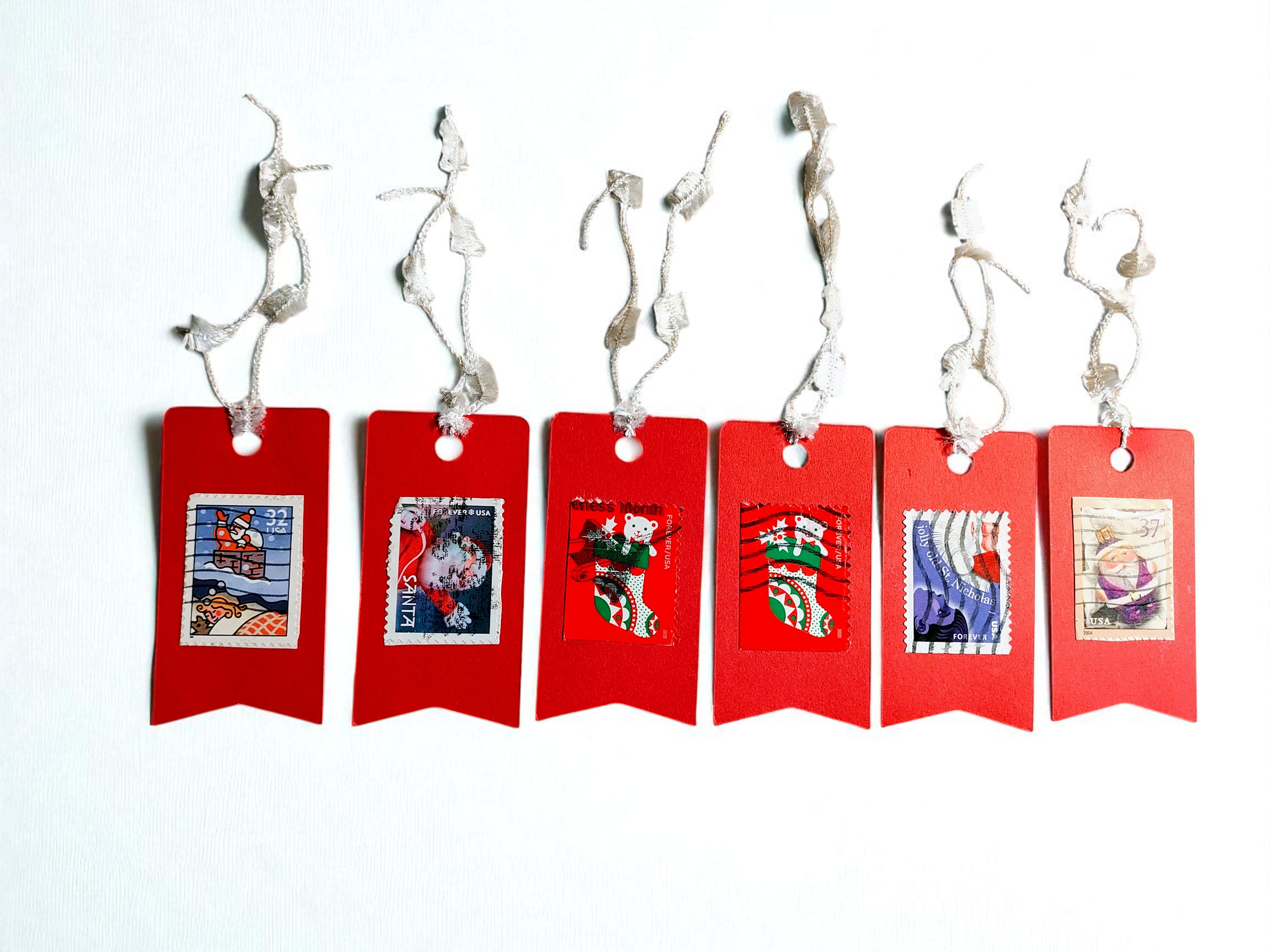 Handmade Vintage Postage Stamp Christmas Gift Tags with Lace Ribbon - Set of 6