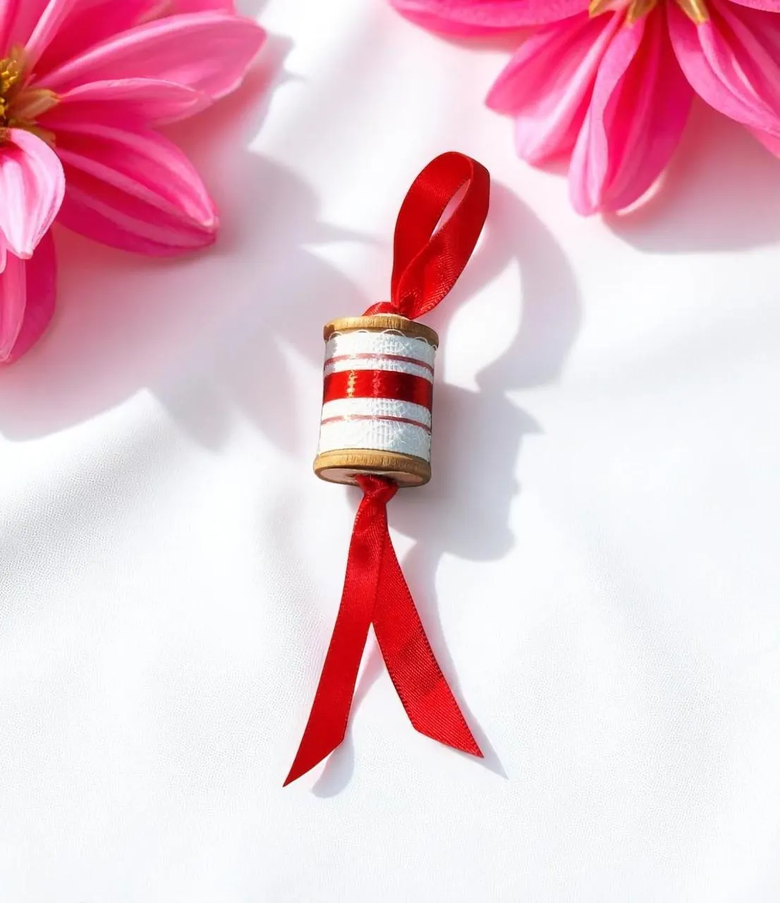 Wooden Decorative Pink & Red Spool Ornament 