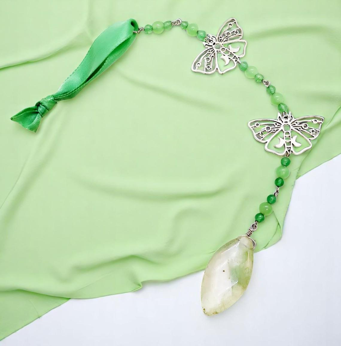 Hanging Beaded Green Gemstone Sun Catcher with Butterflies