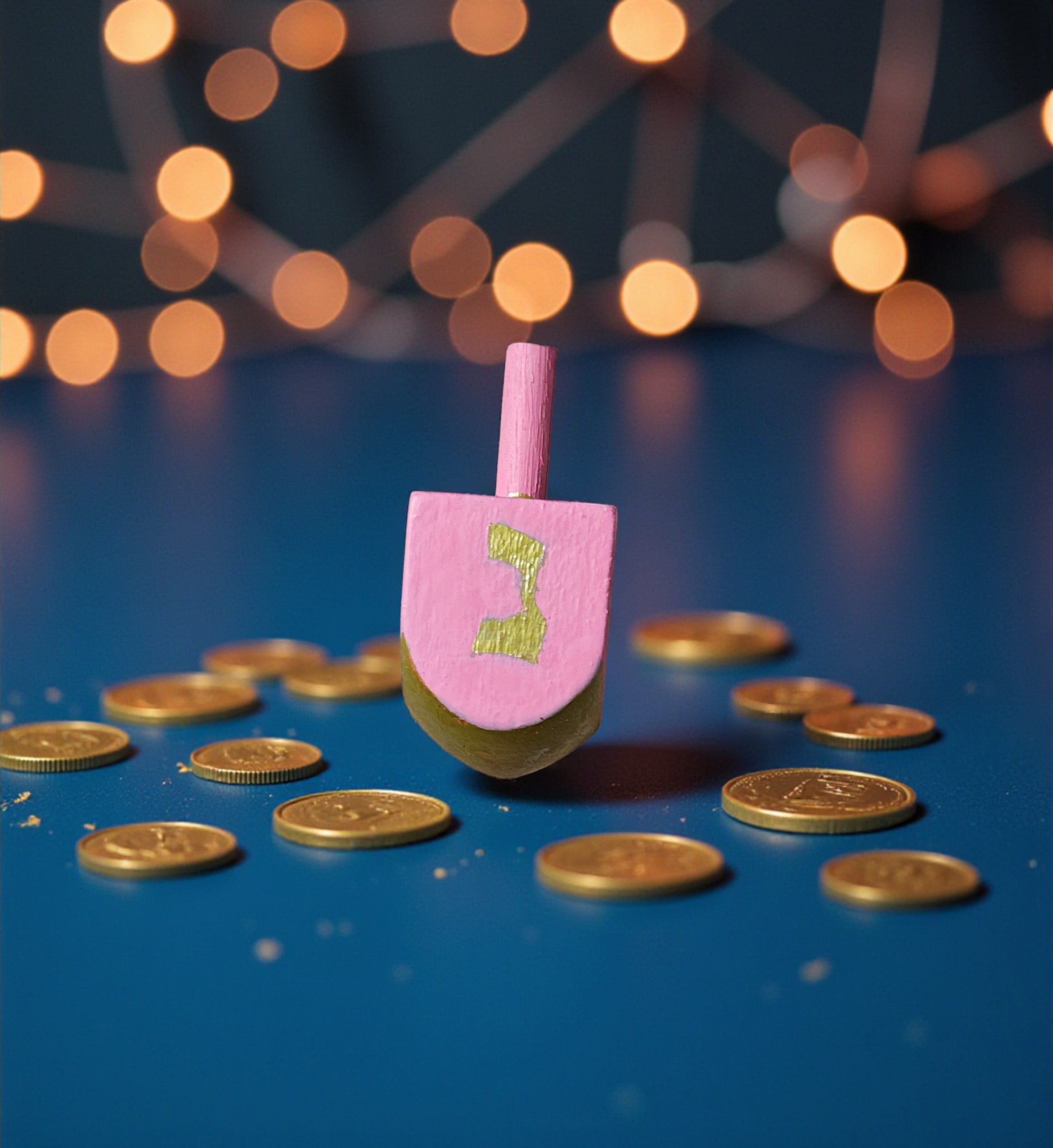 Hand Painted Wooden Pink & Gold Hanukkah Dreidel Game