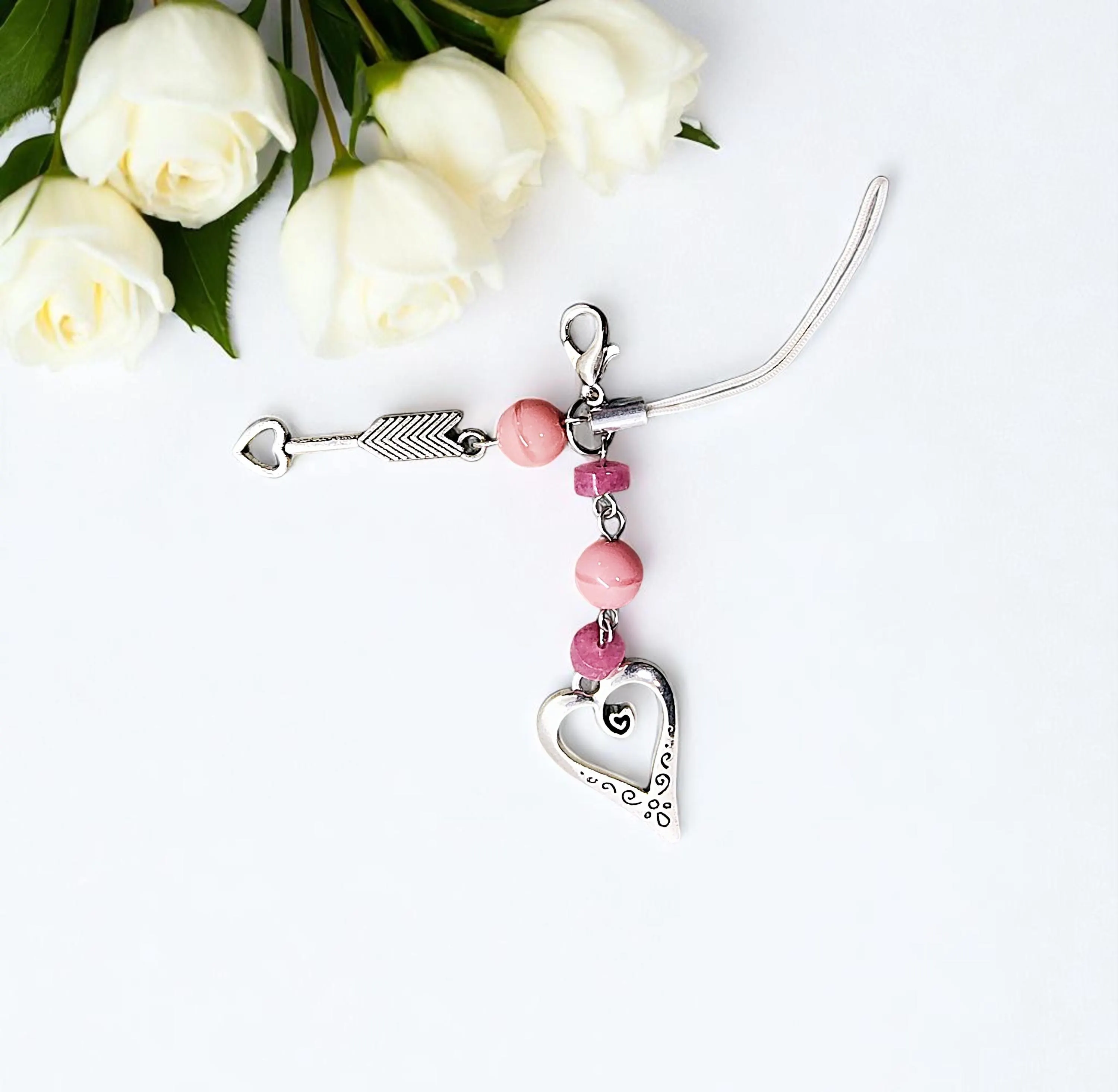 Hearts & Gemstone Beaded Cell Phone Strap Charm 