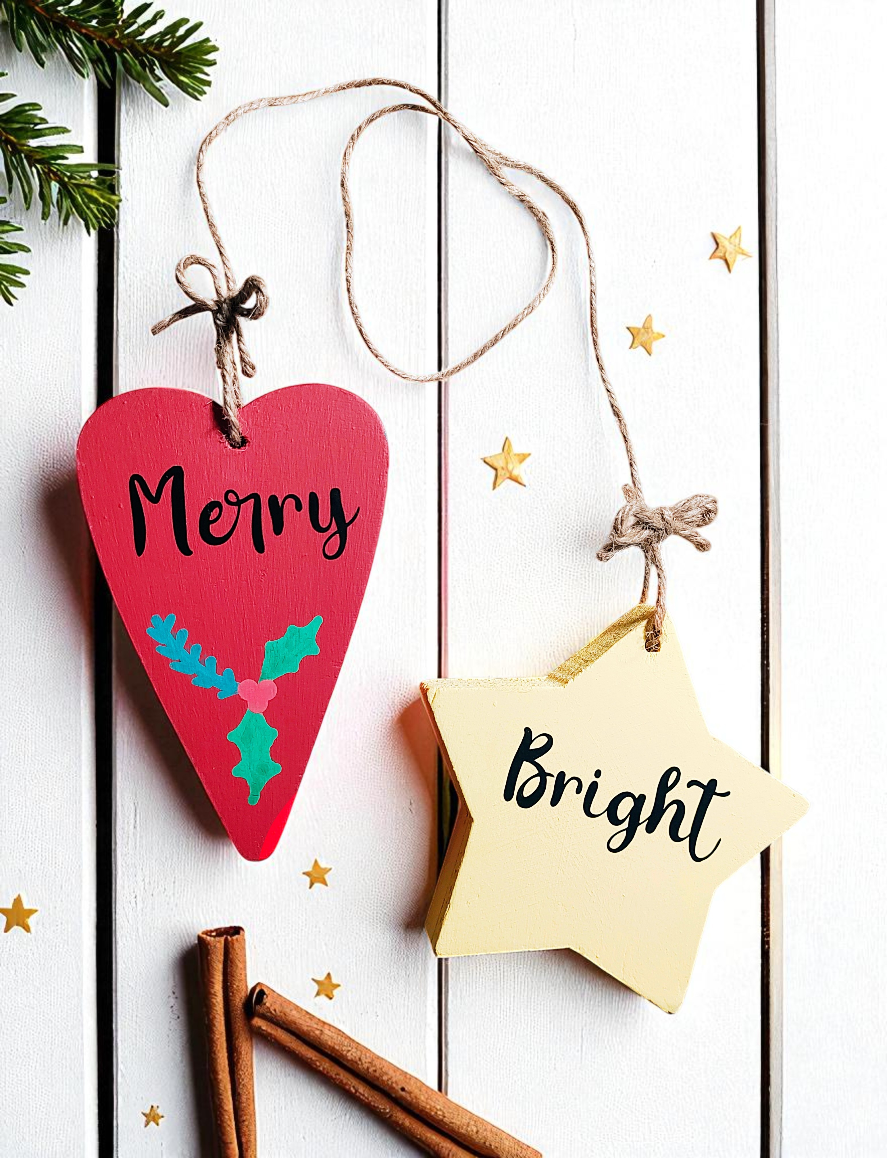 Wooden Merry Heart & Bright Star Decorative Ornament
