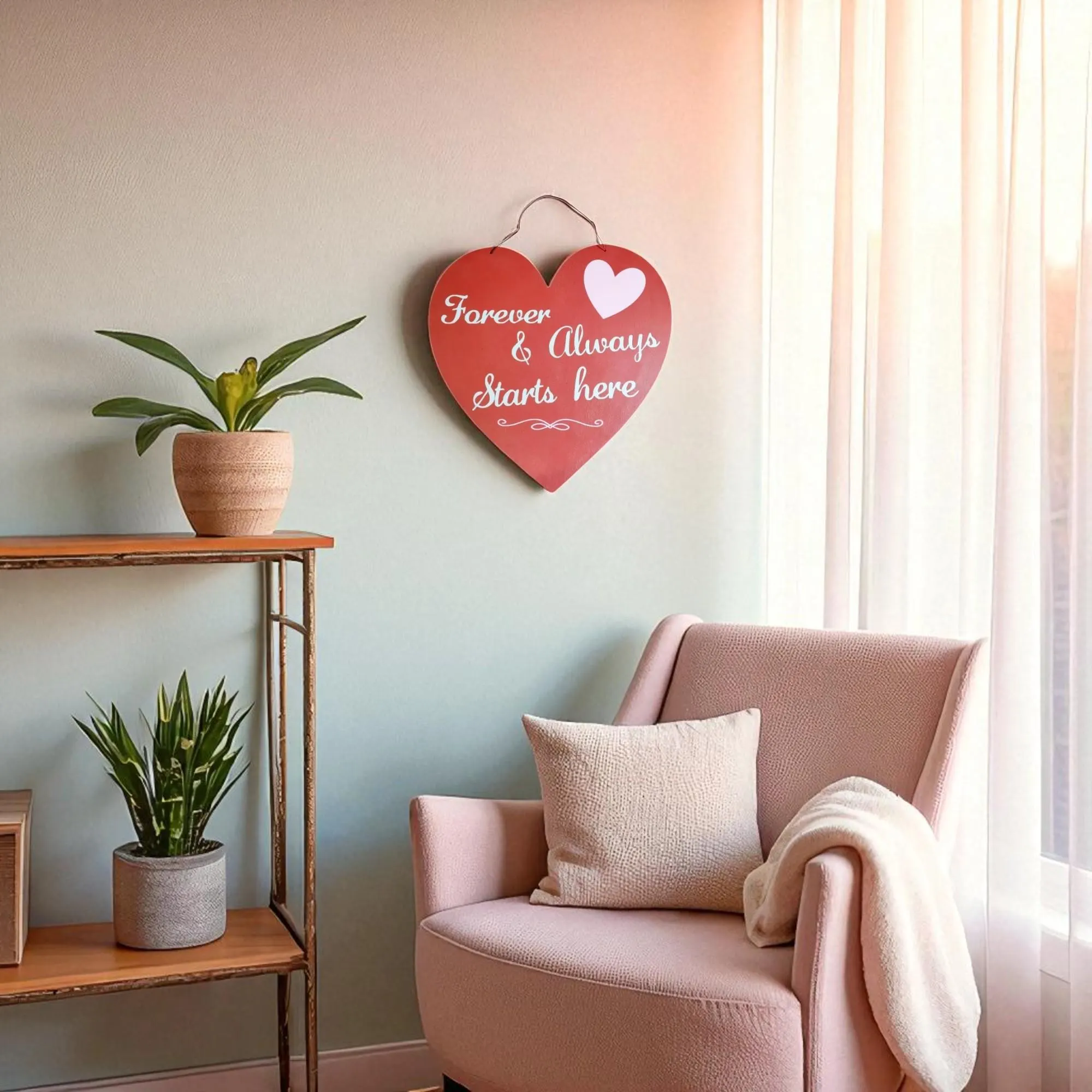 Large Wooden Heart Shaped Forever & Always Starts Here Door Hanging Sign