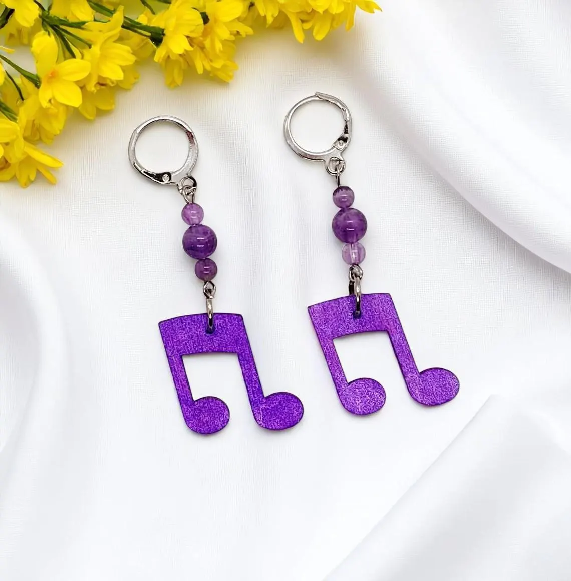 Wooden Music Note Gemstone Dangle Earrings 