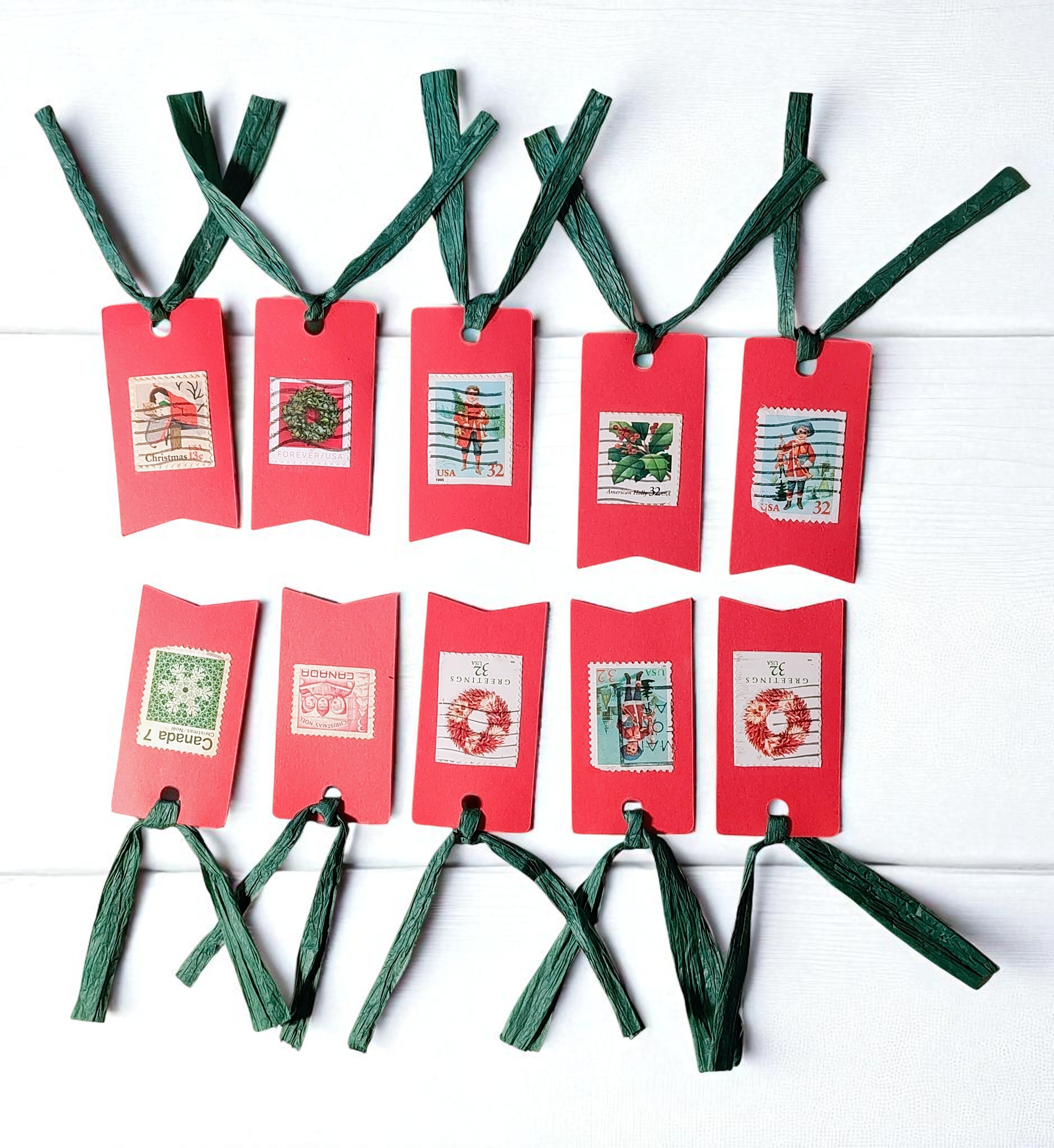 Handmade Vintage Postage Stamp Christmas Gift Tags - Set of 10