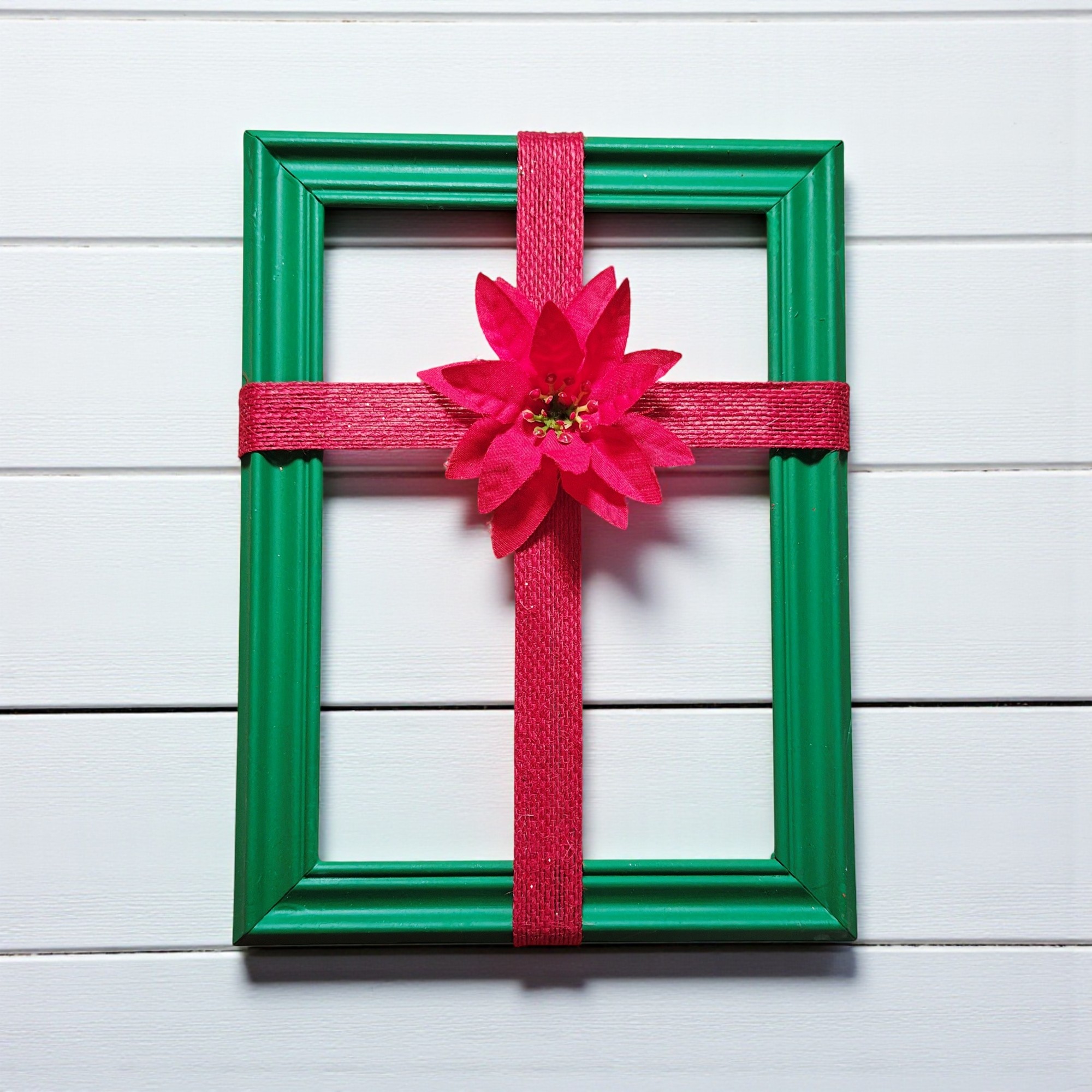 Christmas Ribbon Cross Frame Wall Hanging with Poinsettia