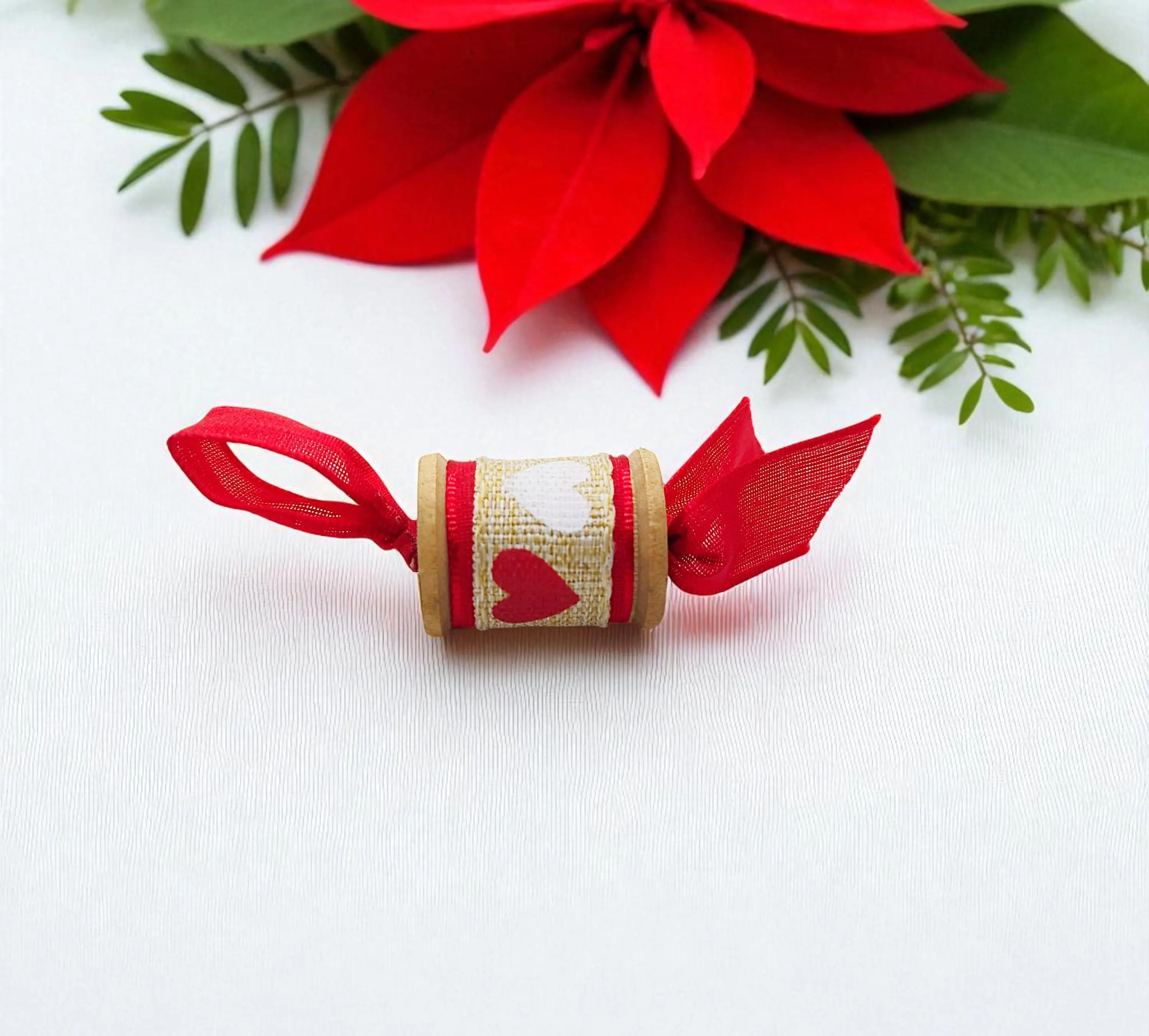 Wooden Decorative Red & White Heart Spool Ornament 