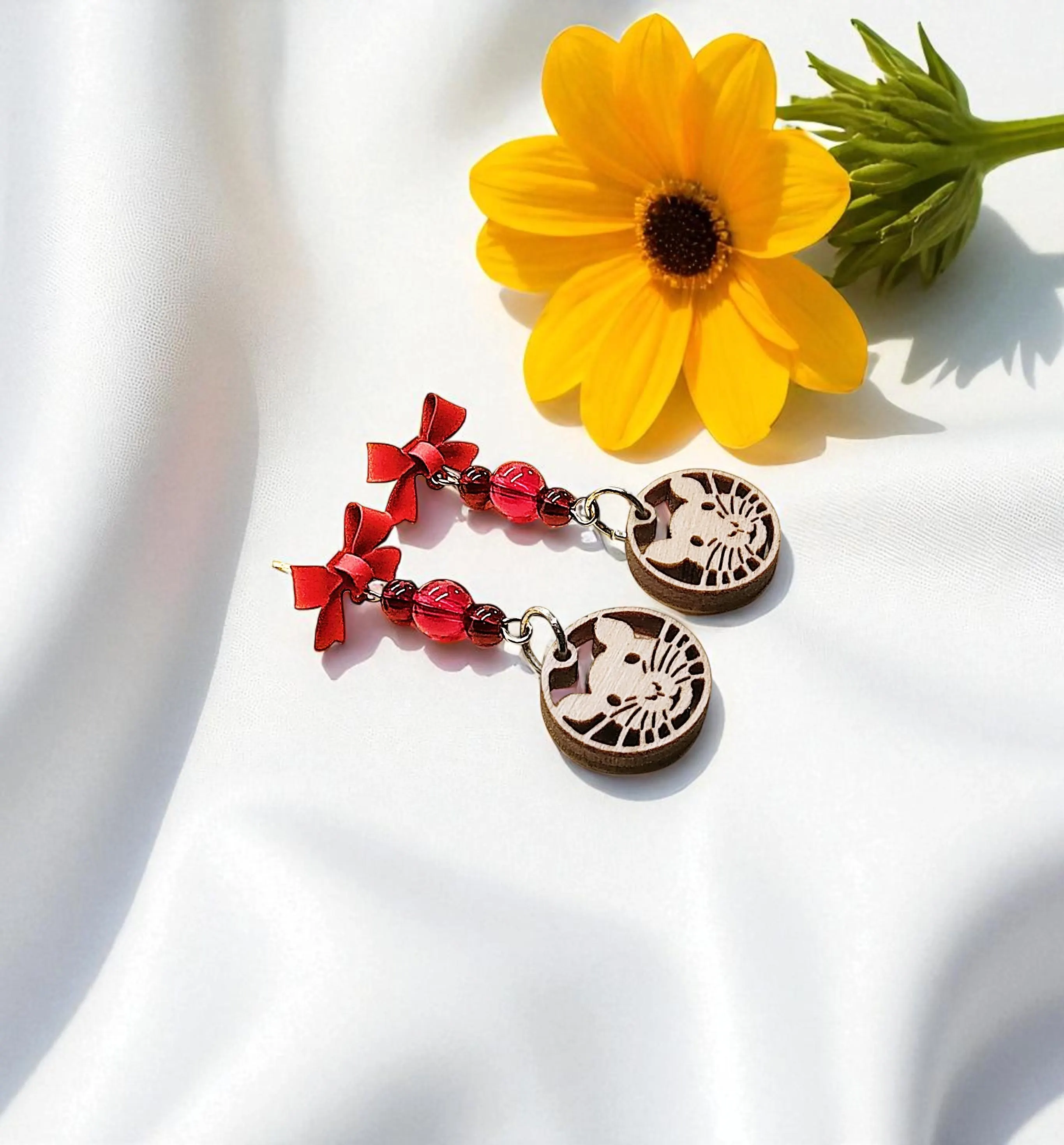 Handcrafted Cute Rat Face Wooden Charm & Red Gemstone Post Bow Earrings