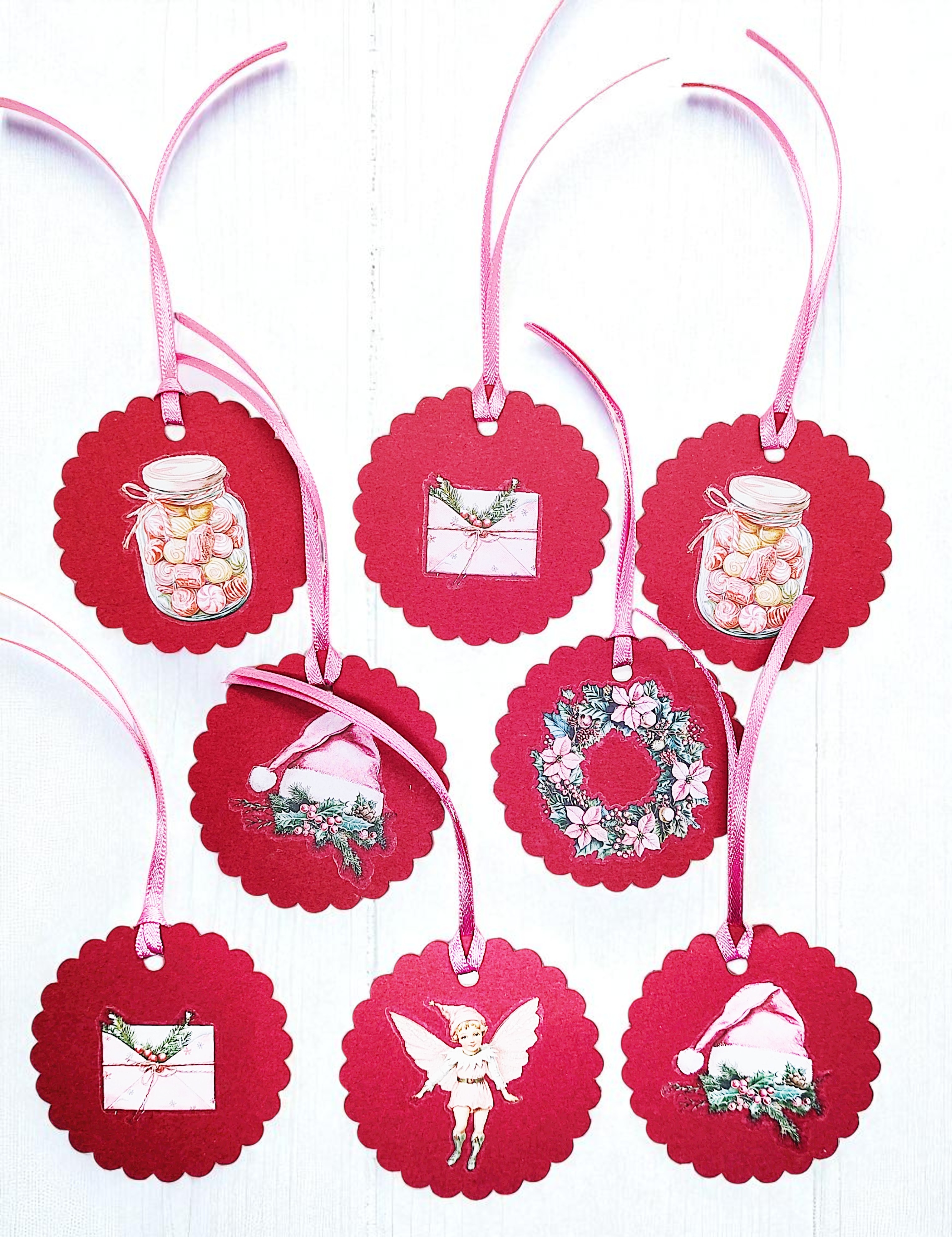 Whimsical Pink Christmas Gift Tags with Ribbon - Set of 8