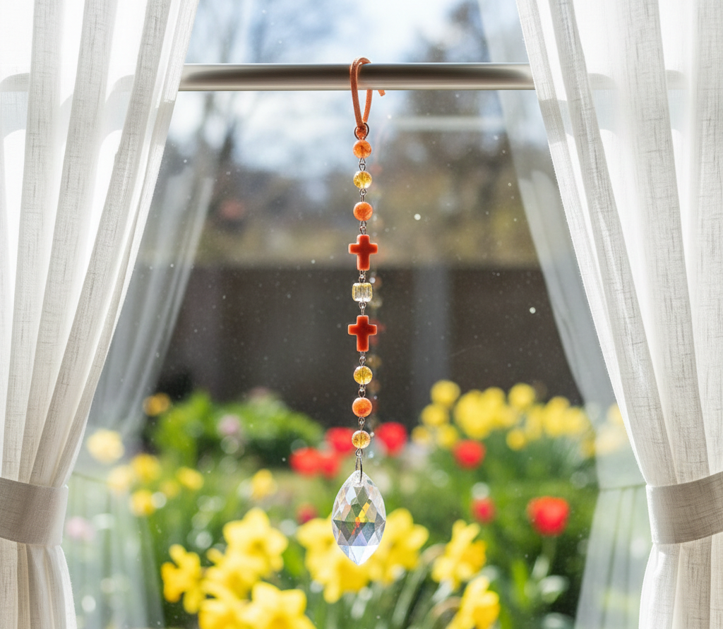 Glass Crystal and Christian Cross Gemstone Beaded Suncatcher