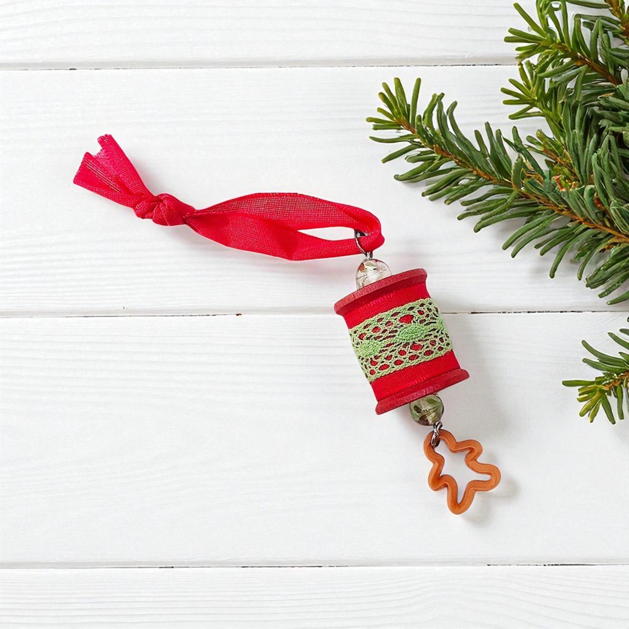 Festive Wooden Spool Christmas Ornament with Gingerbread Man 