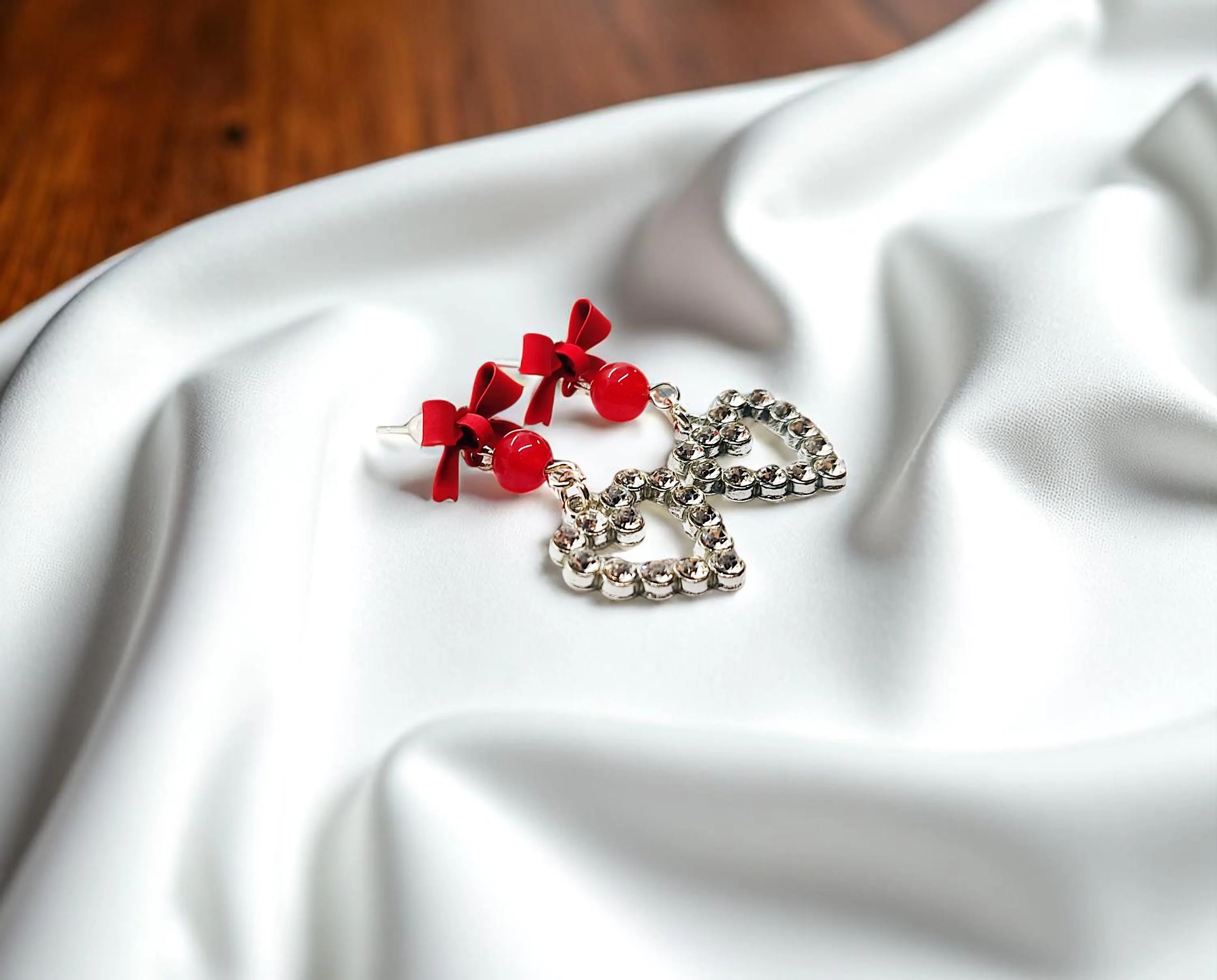 Handcrafted Rhinestone Heart & Red Gemstone Post Bow Earrings 