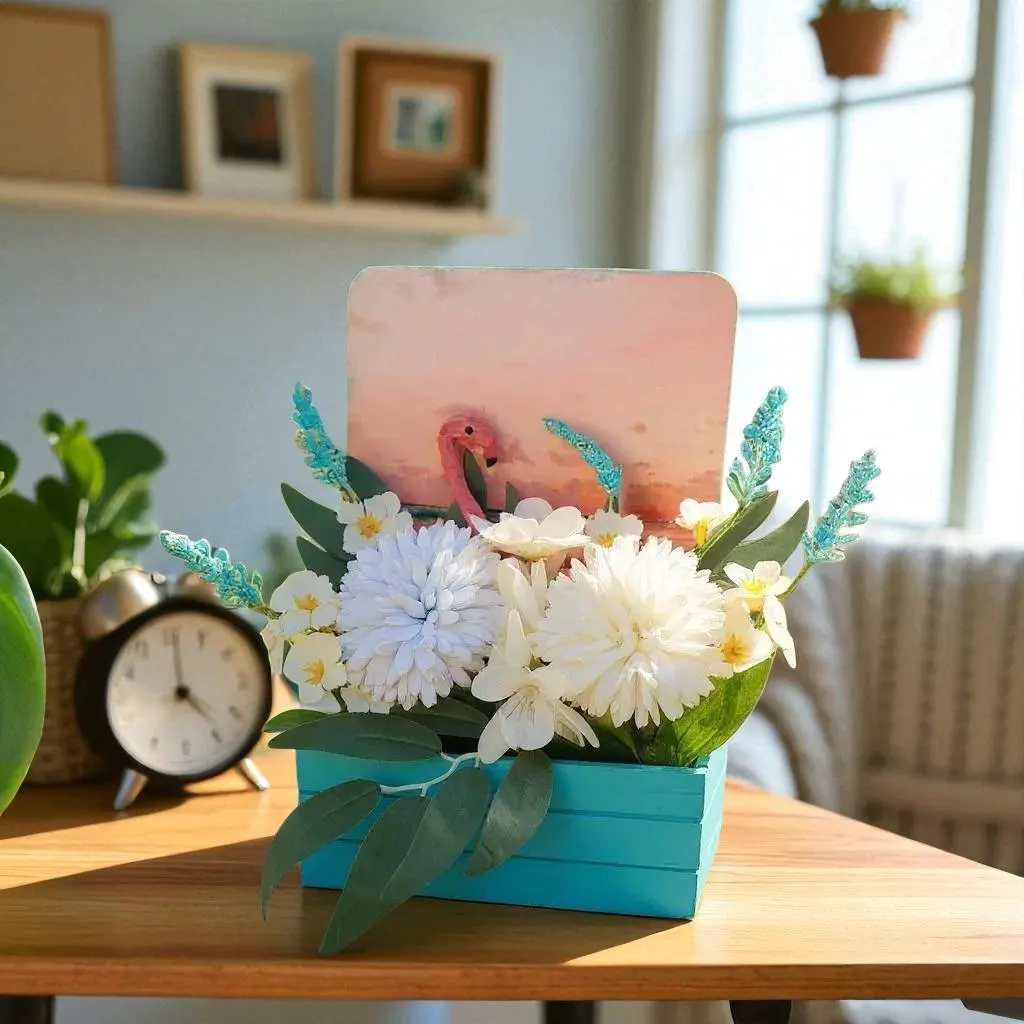 Summer Artificial Flower Arrangement in Wooden Decoupaged Planter