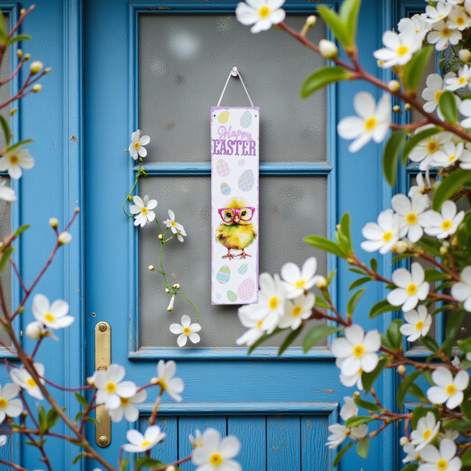 Cute Happy Easter Chick with Glasses & Colorful Eggs Door Hanger
