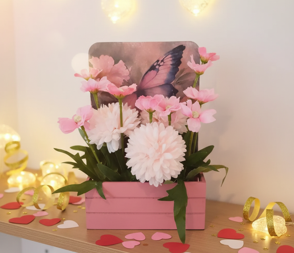 Artificial Flower Arrangement in Wooden Decoupaged Planter 