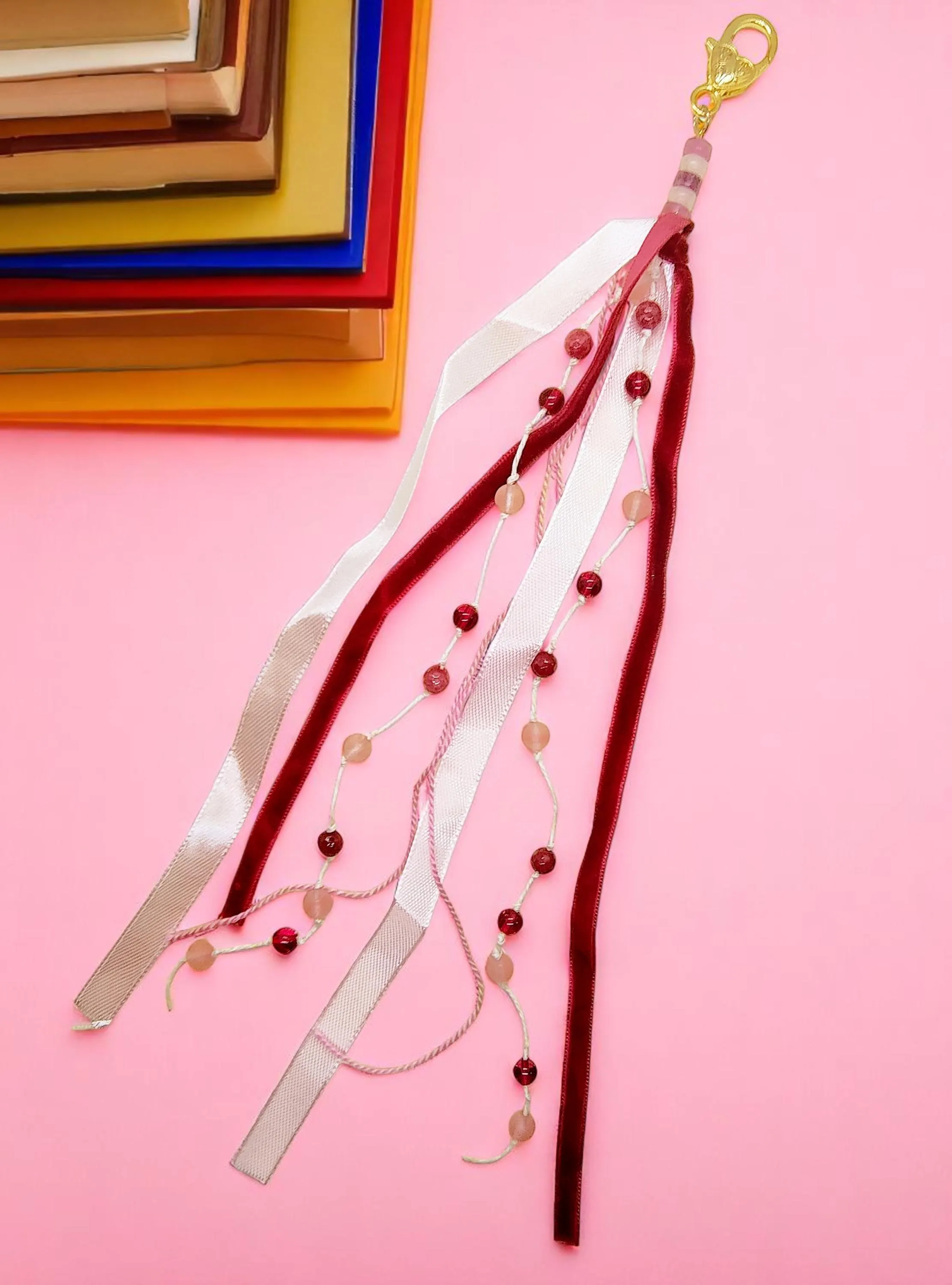Handmade Pink & Red Gemstone Junk Journal Tassel 