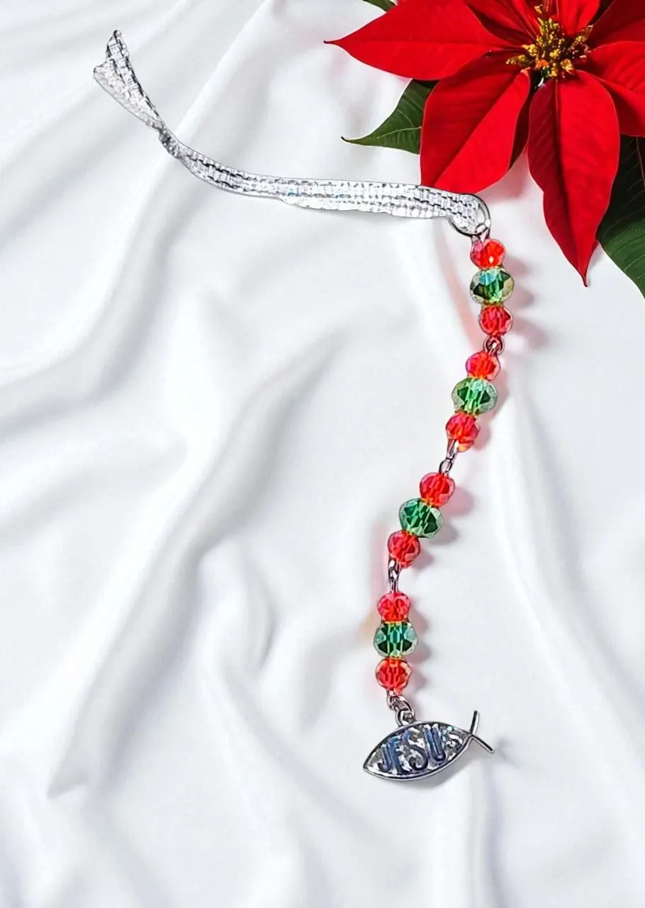Christian Jesus Fish Beaded Holiday Icicle Ornament 