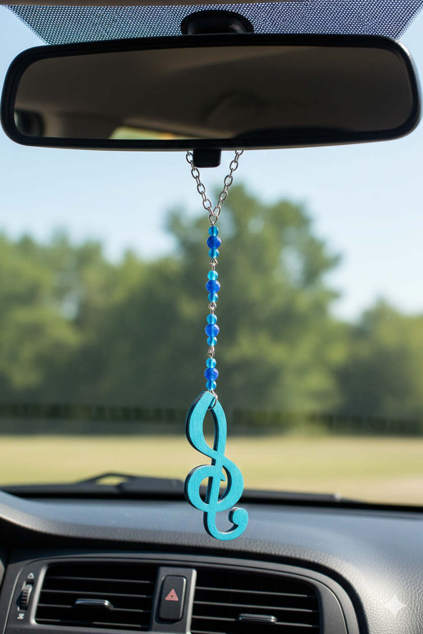 Wooden Music Treble Clef and Blue Kyanite Gemstone Rear View Mirror Car Charm