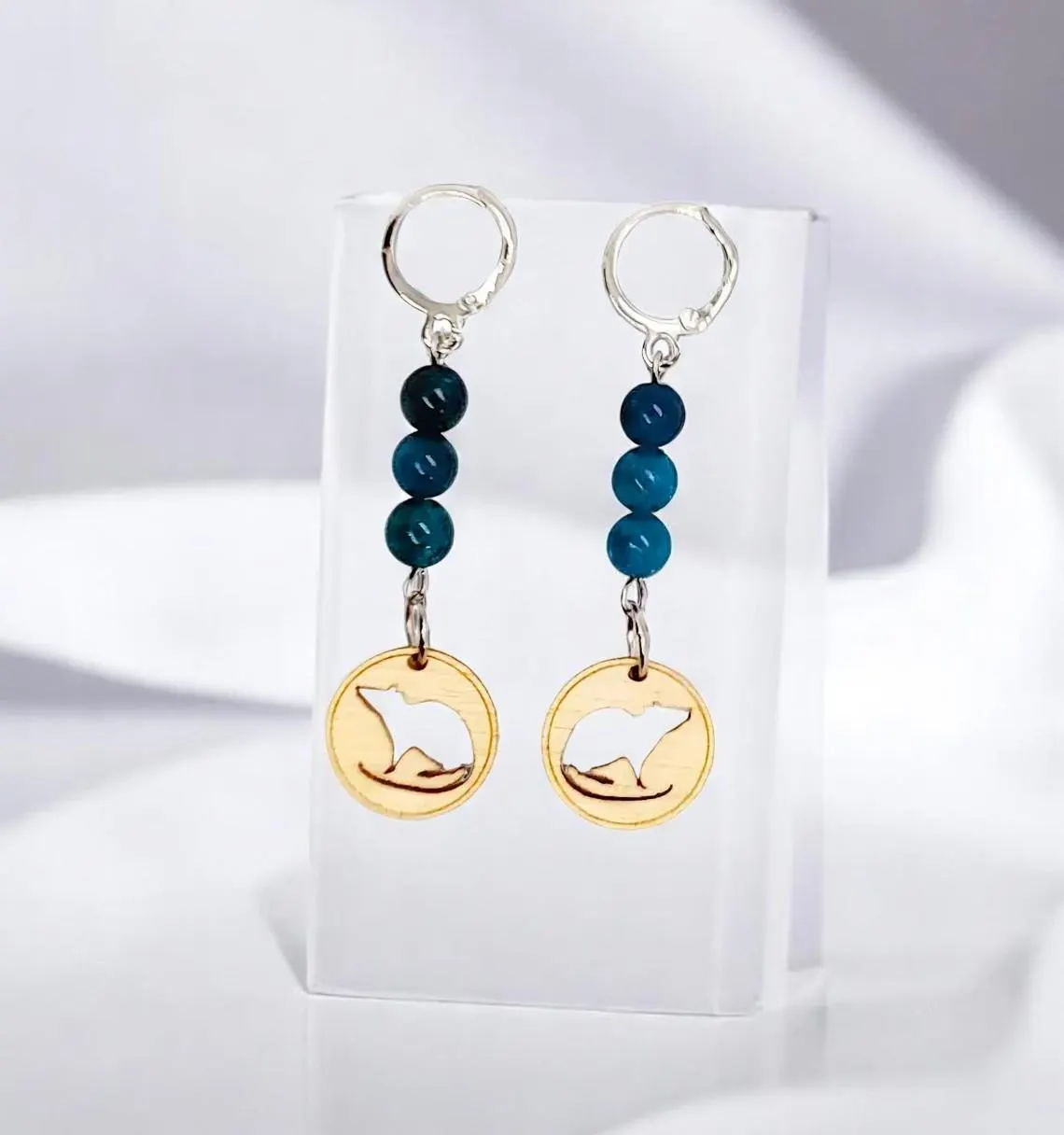 Handcrafted Cute Rat Silhouette Wood Charm & Chalcedony Gemstone Dangle Earrings