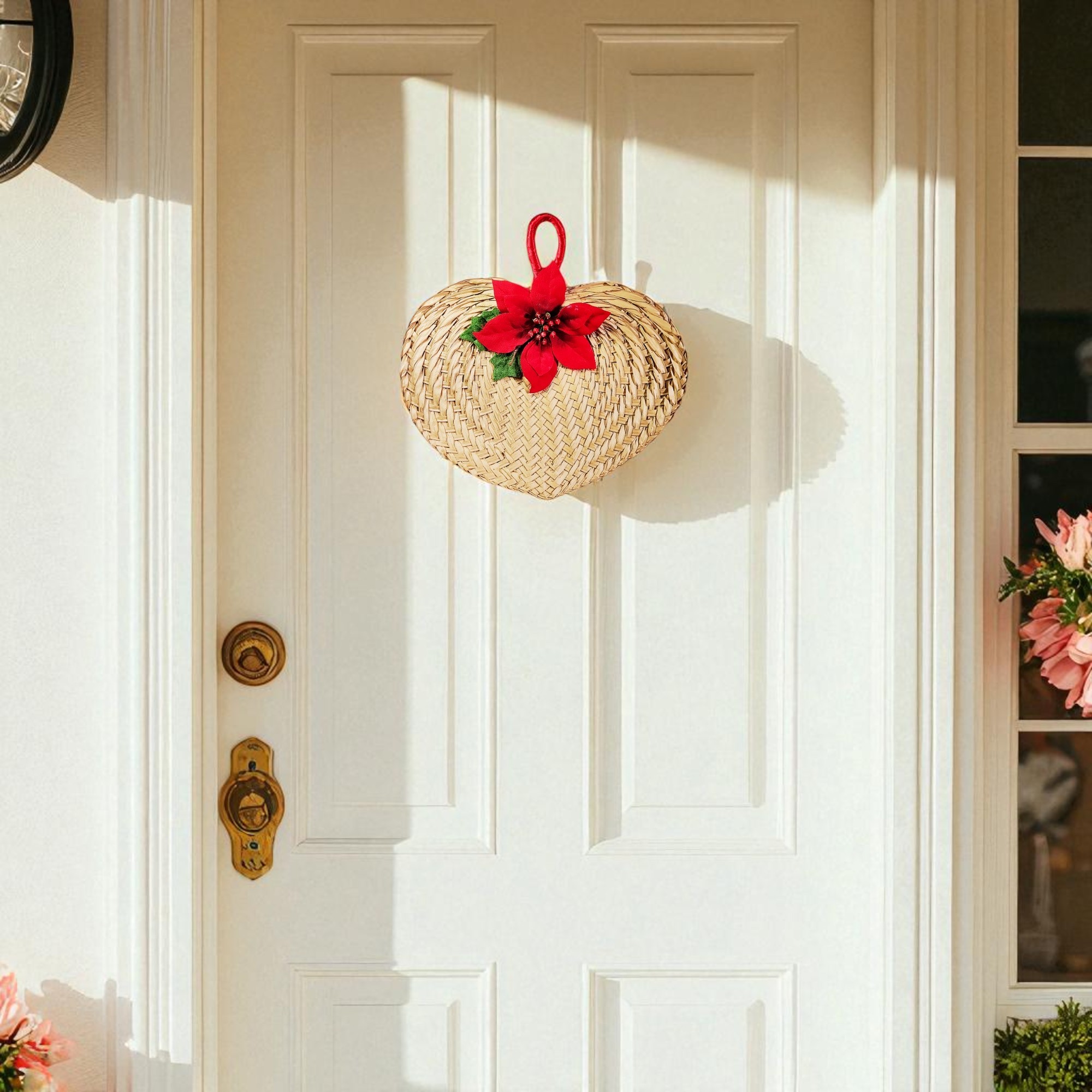 Primitive Christmas Poinsettia Straw Fan Decor 