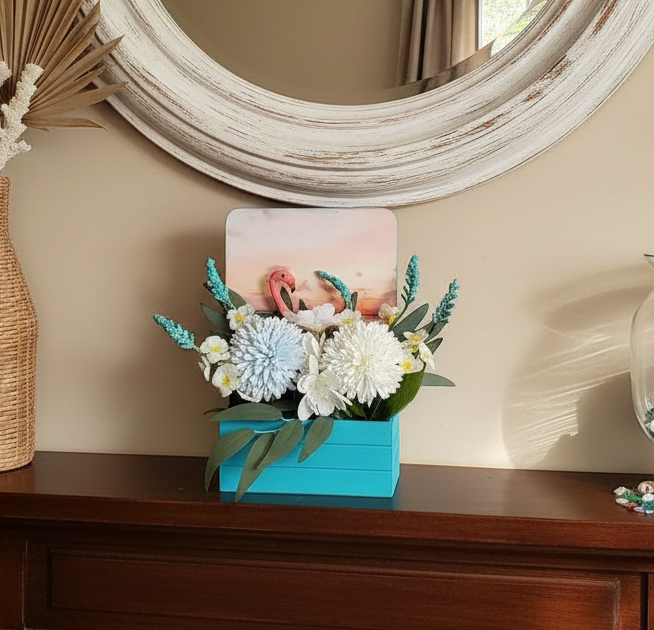 Summer Artificial Flower Arrangement in Wooden Decoupaged Planter