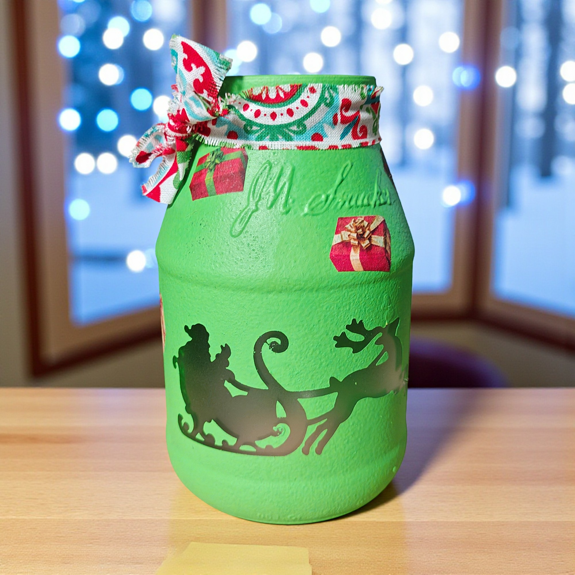 Santa Sled Glass Jar Tealight Candle Holder