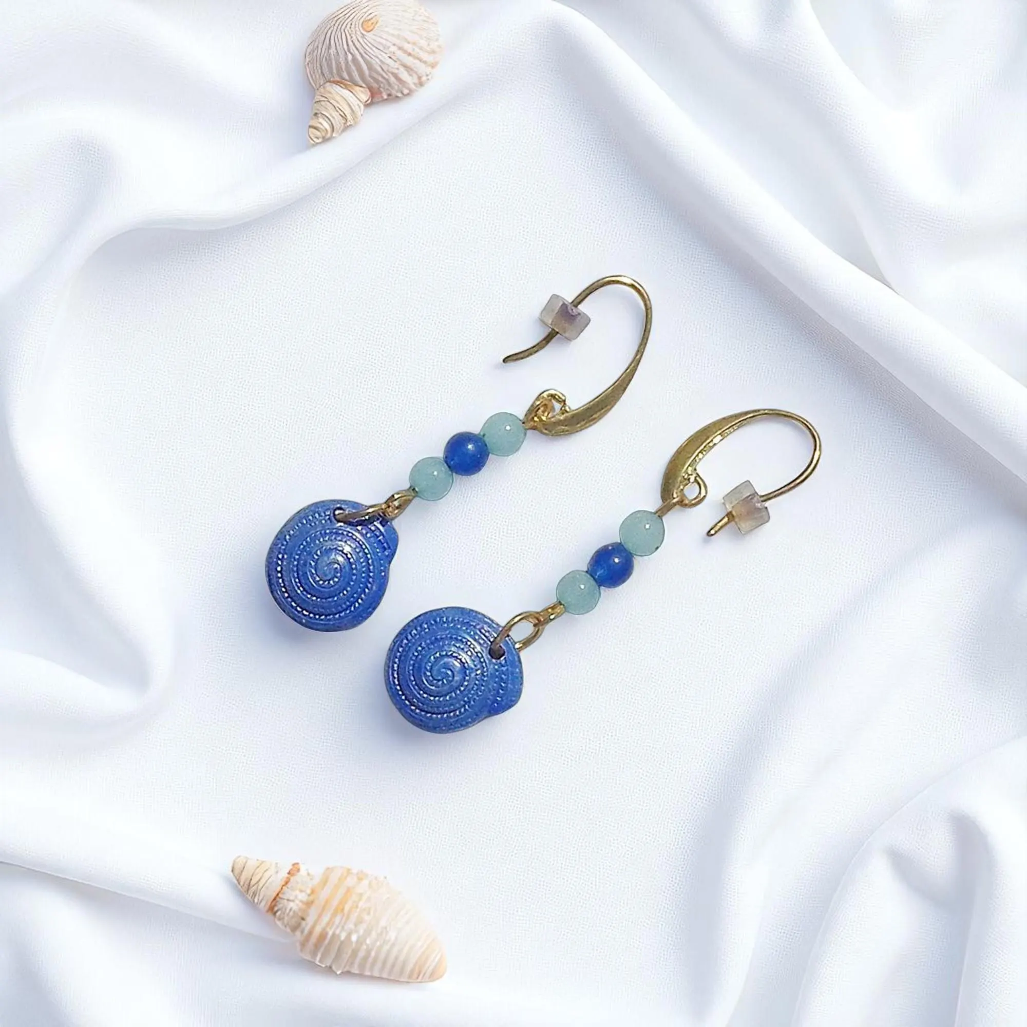 Gold Plated Summer Sea Shell Beaded Dangle Earrings 