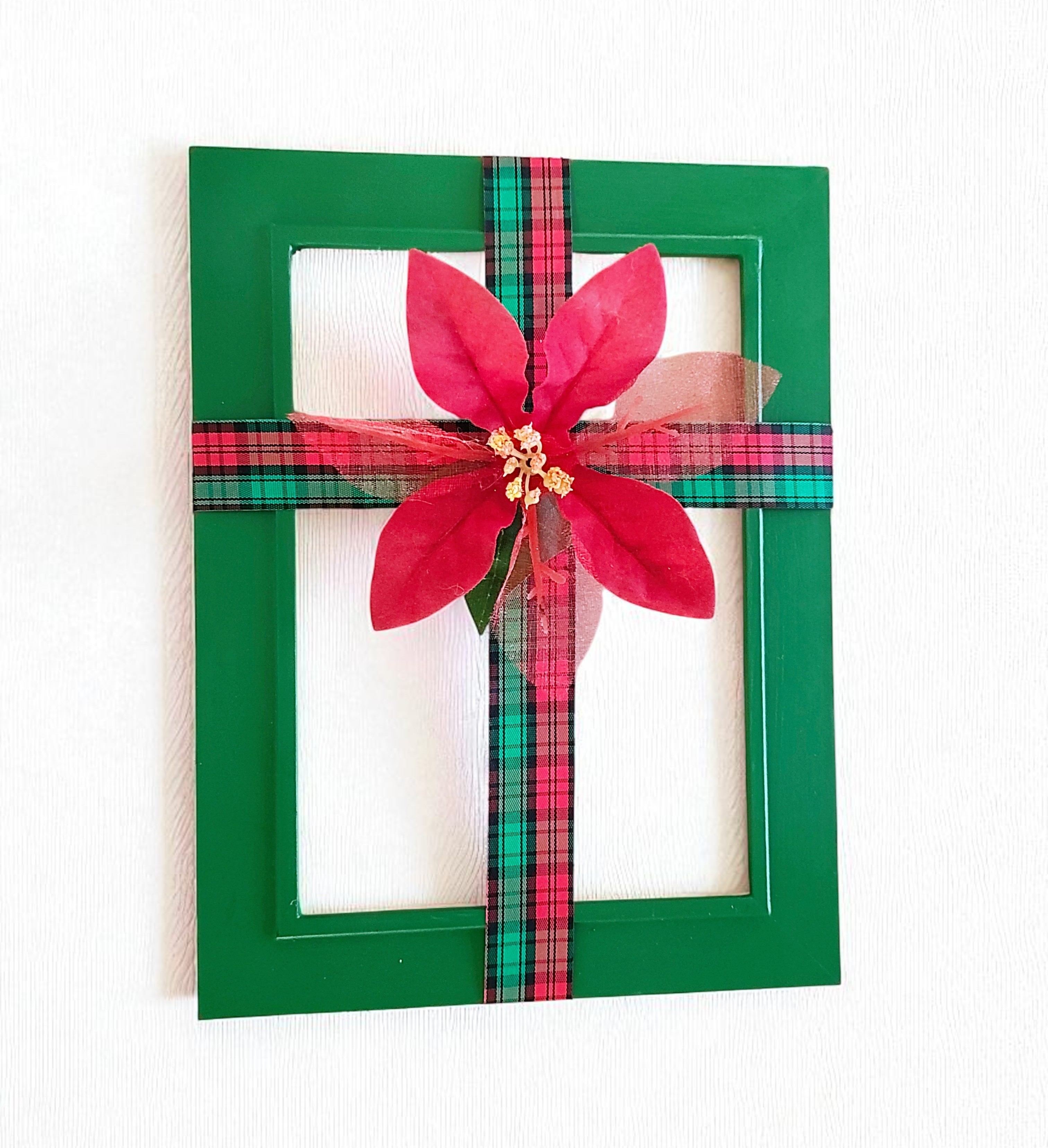Christmas Ribbon Cross Frame Wall Hanging with Poinsettia