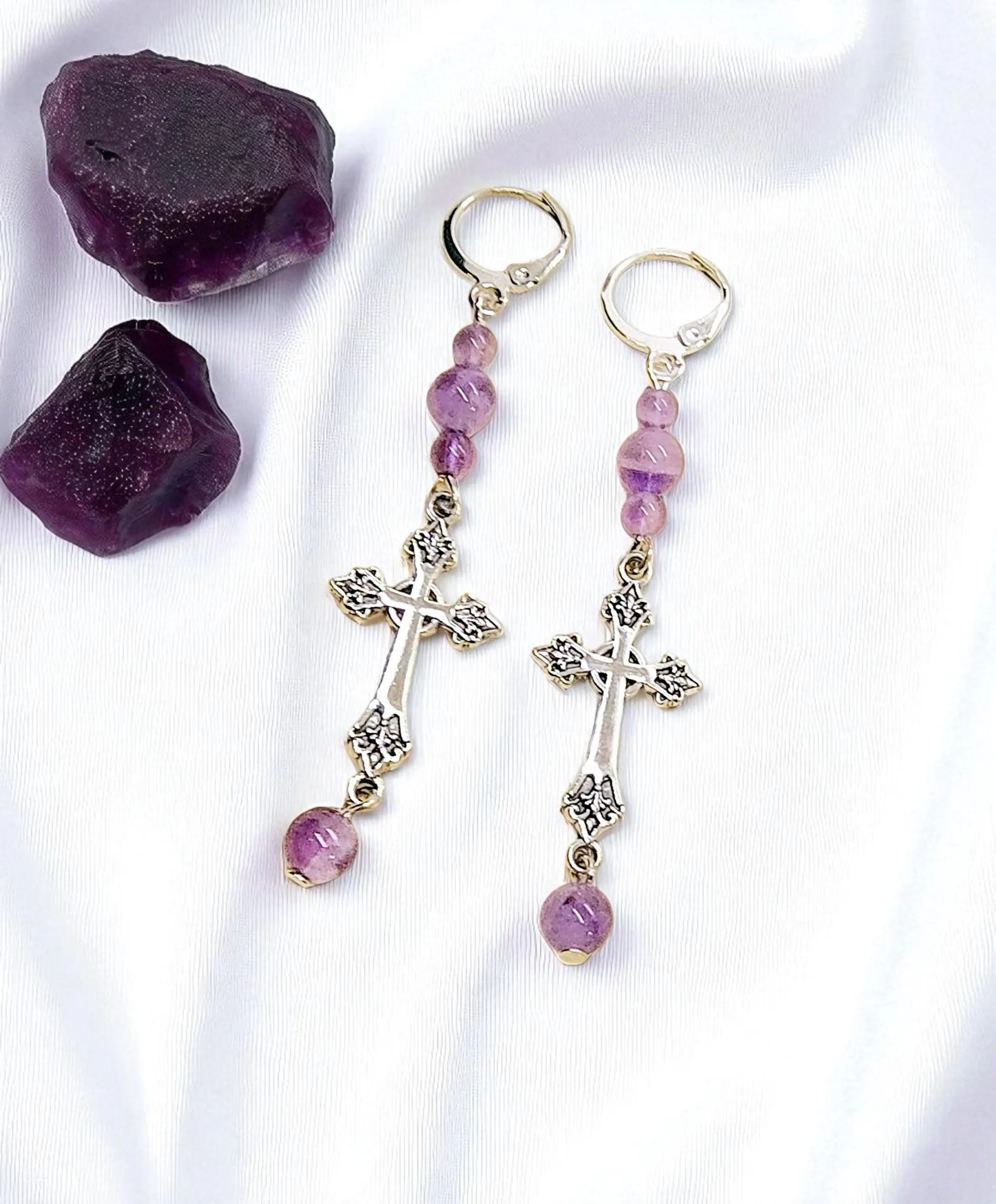 Religious Christian Amethyst Gemstone Cross Dangle Earrings with Lever Backs