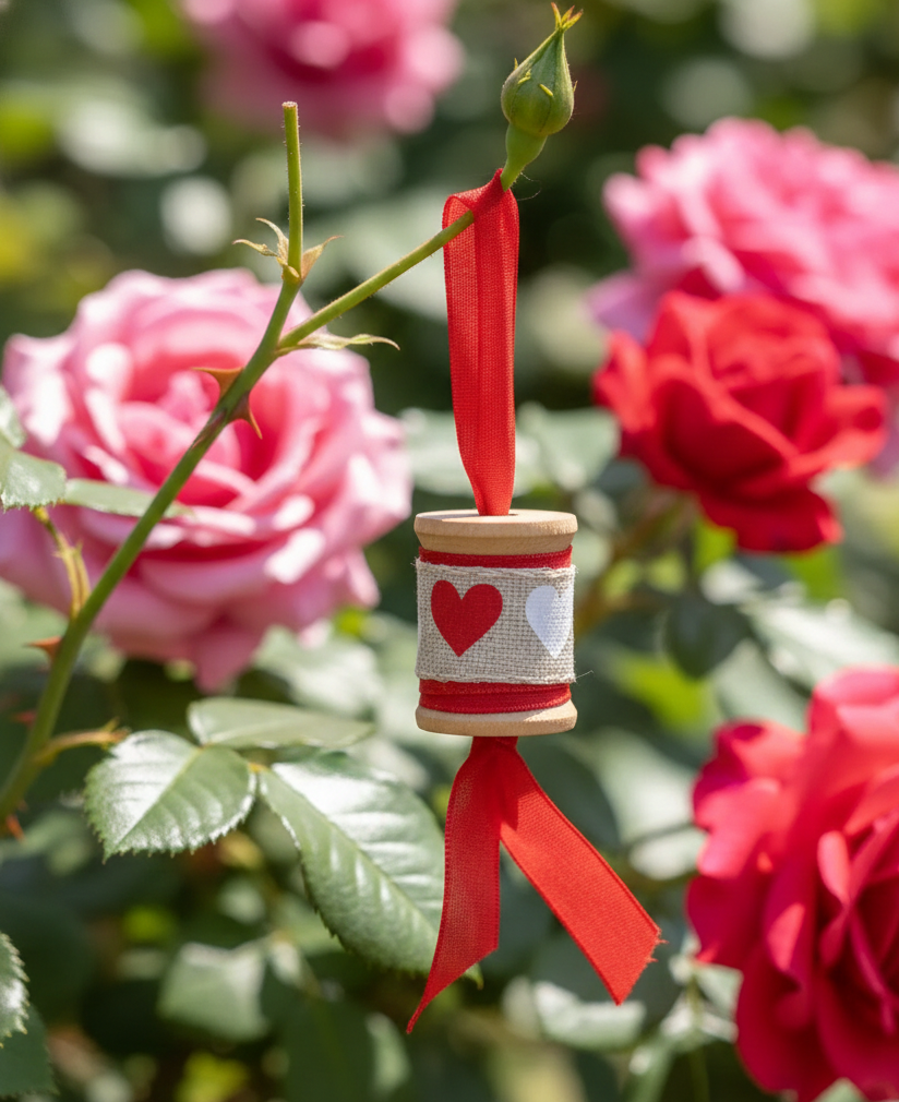 Wooden Decorative Red & White Heart Spool Ornament 